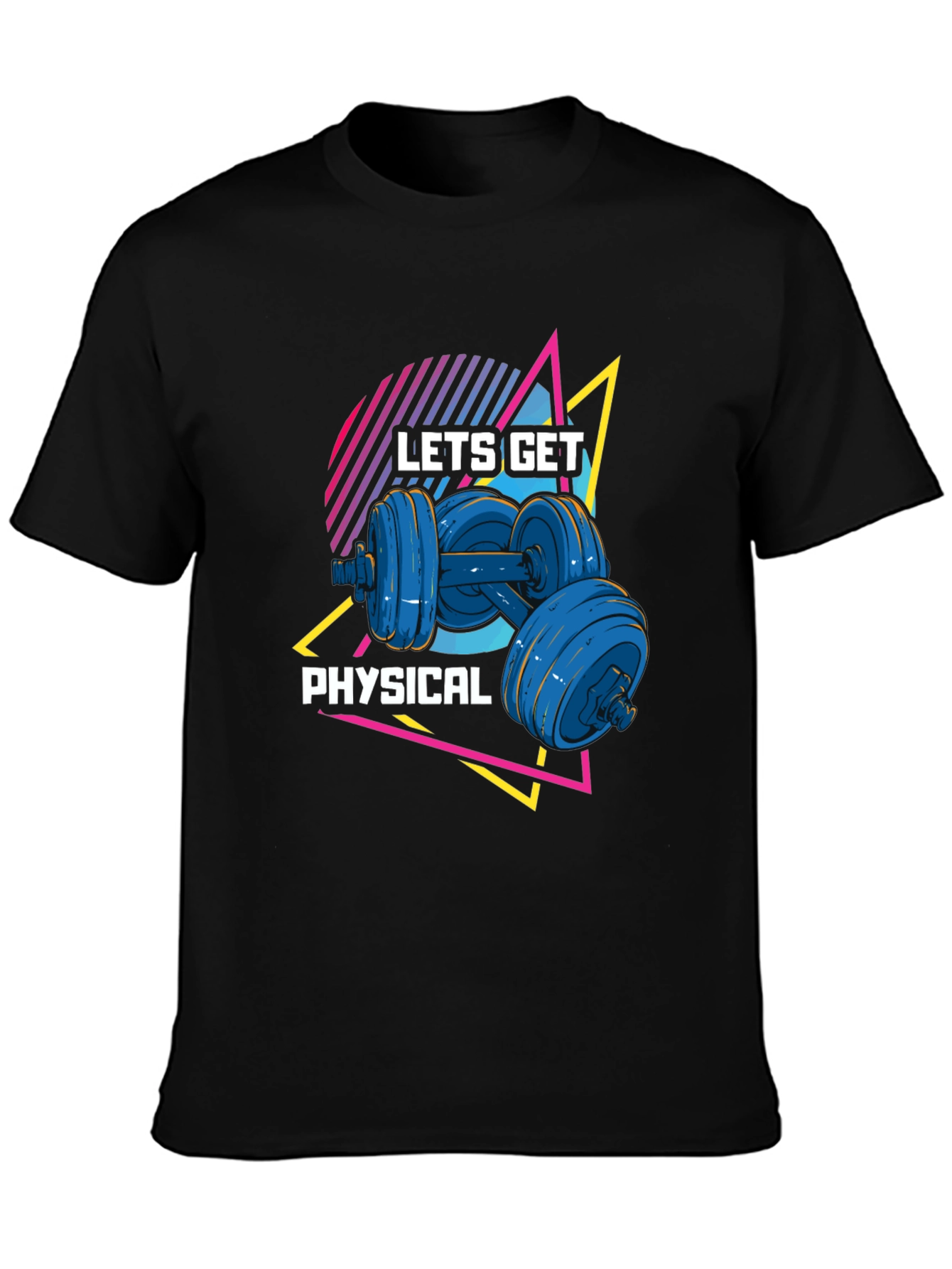 Lets Get Physical Black T-Shirt Retro Dumbbell Design