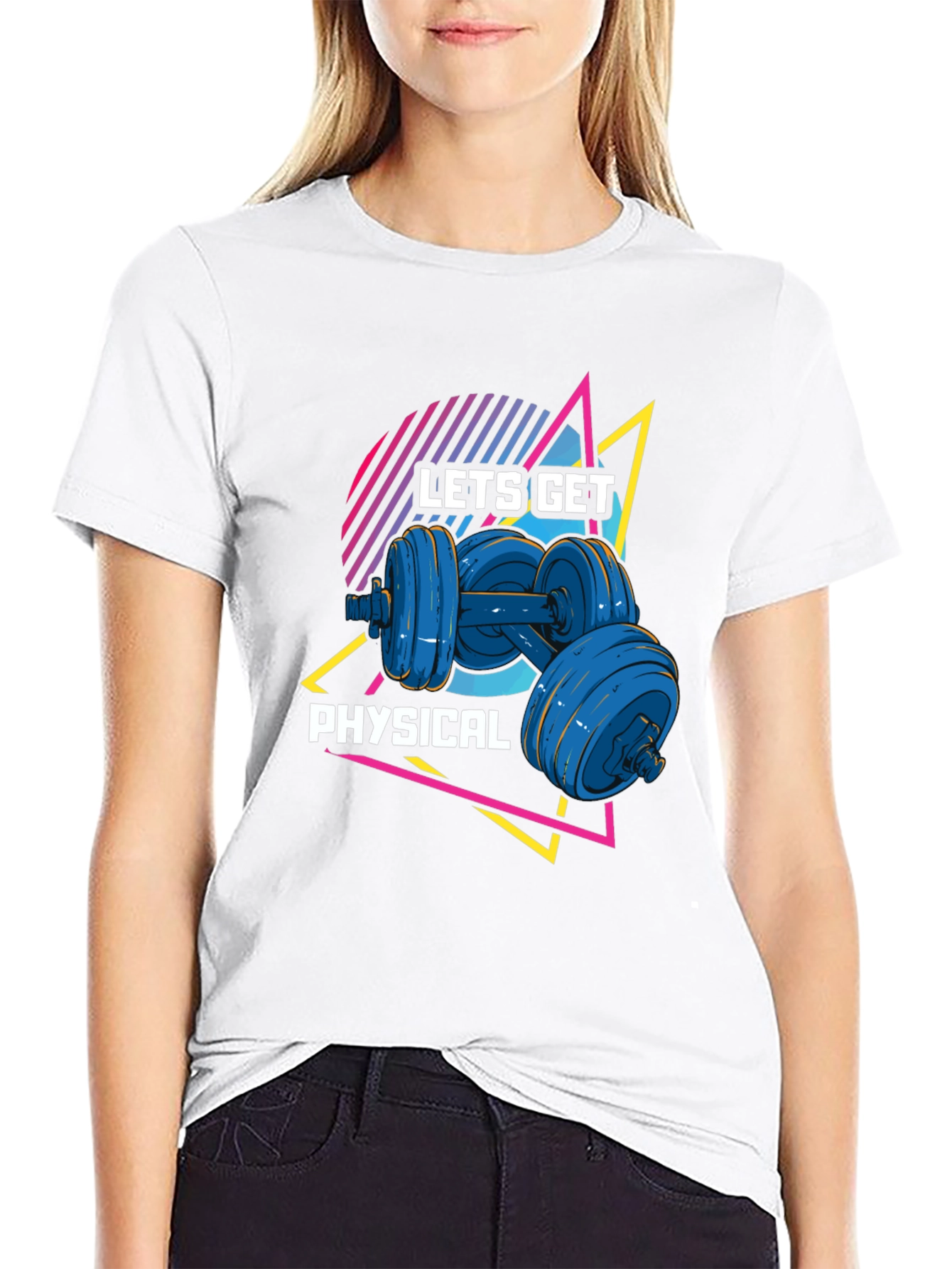 Lets Get Physical Black T-Shirt Retro Dumbbell Design