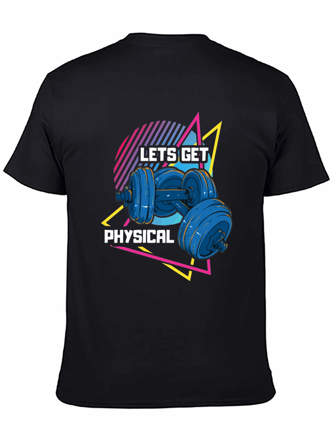 Lets Get Physical Black T-Shirt Retro Dumbbell Design