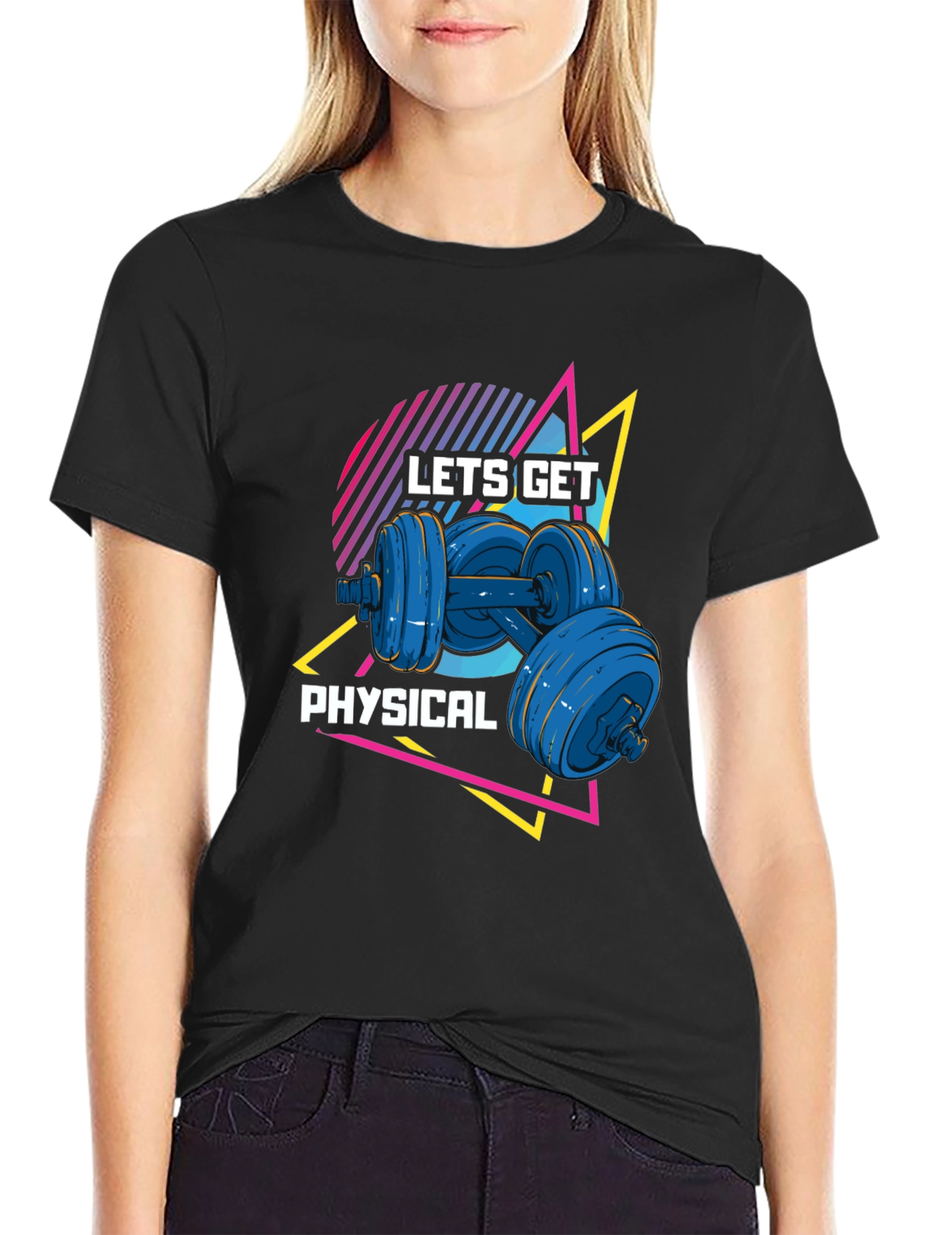 Lets Get Physical Black T-Shirt Retro Dumbbell Design