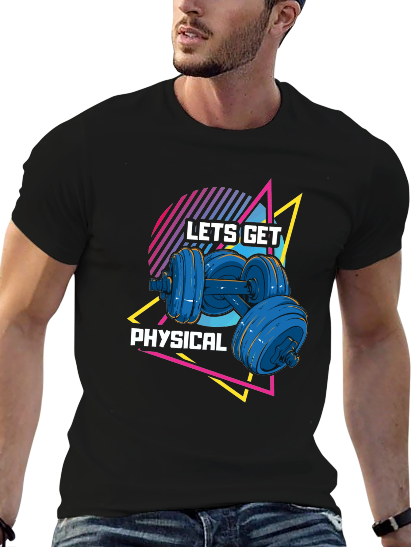 Lets Get Physical Black T-Shirt Retro Dumbbell Design