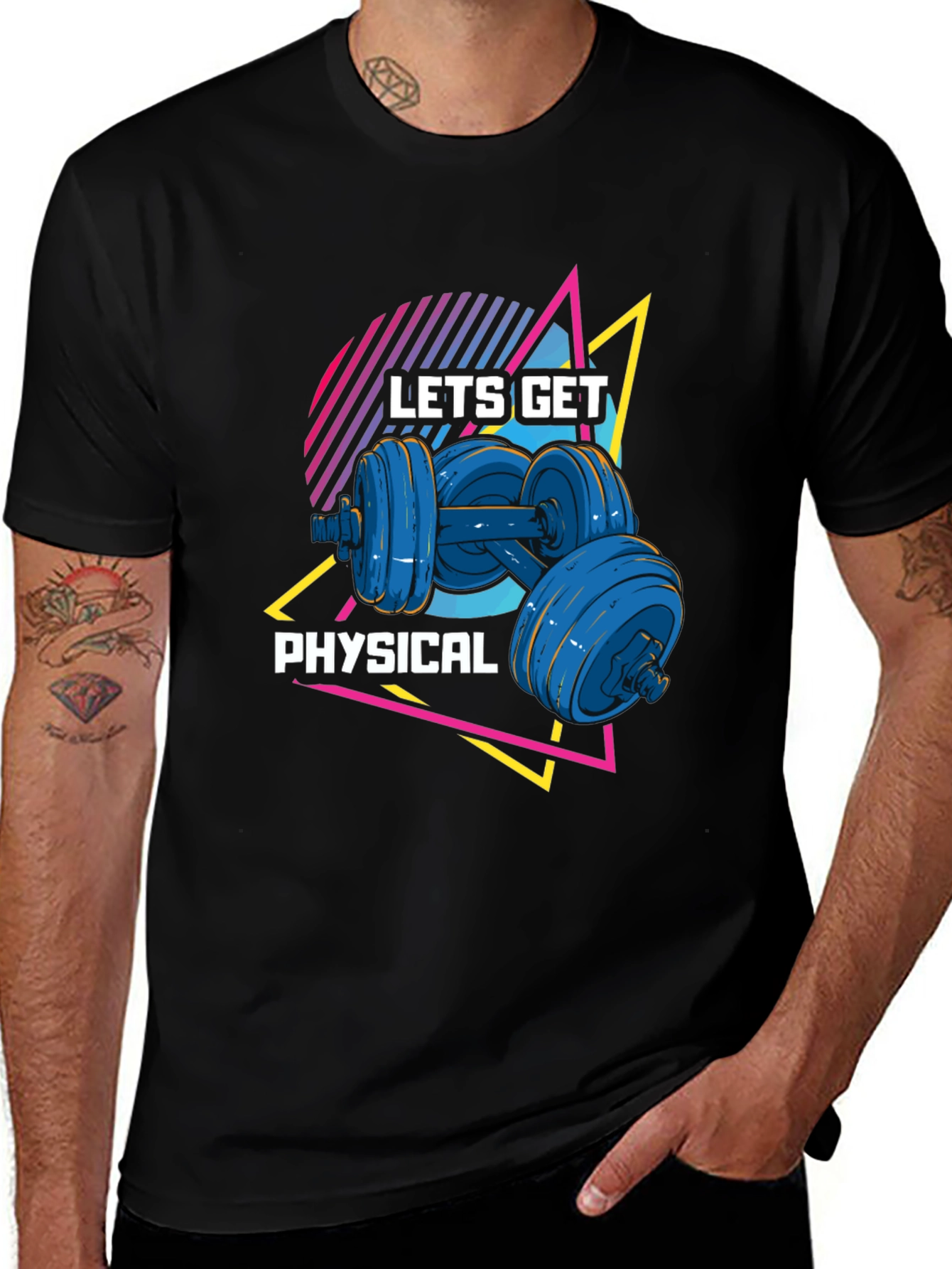 Lets Get Physical Black T-Shirt Retro Dumbbell Design