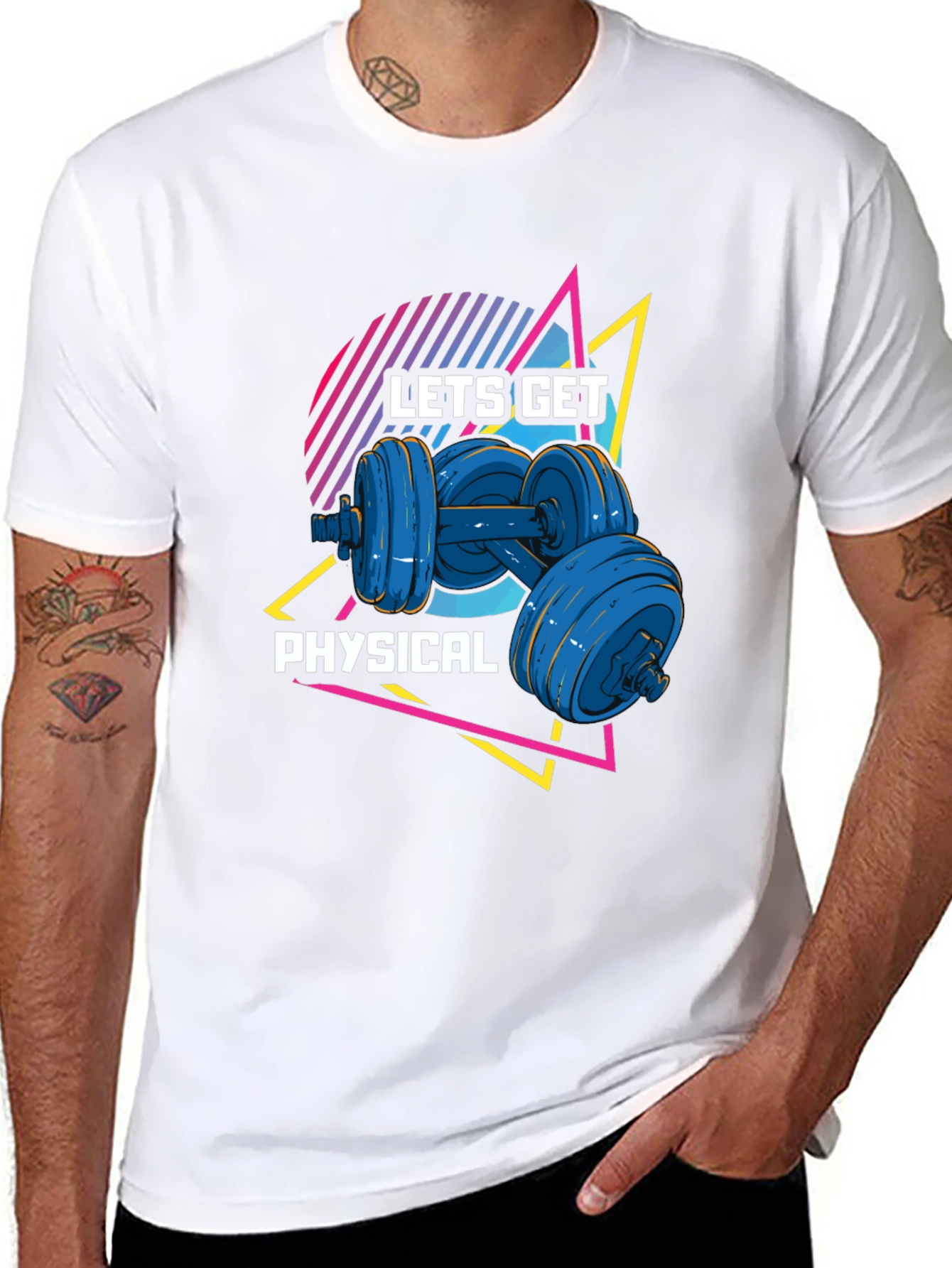 Lets Get Physical Black T-Shirt Retro Dumbbell Design