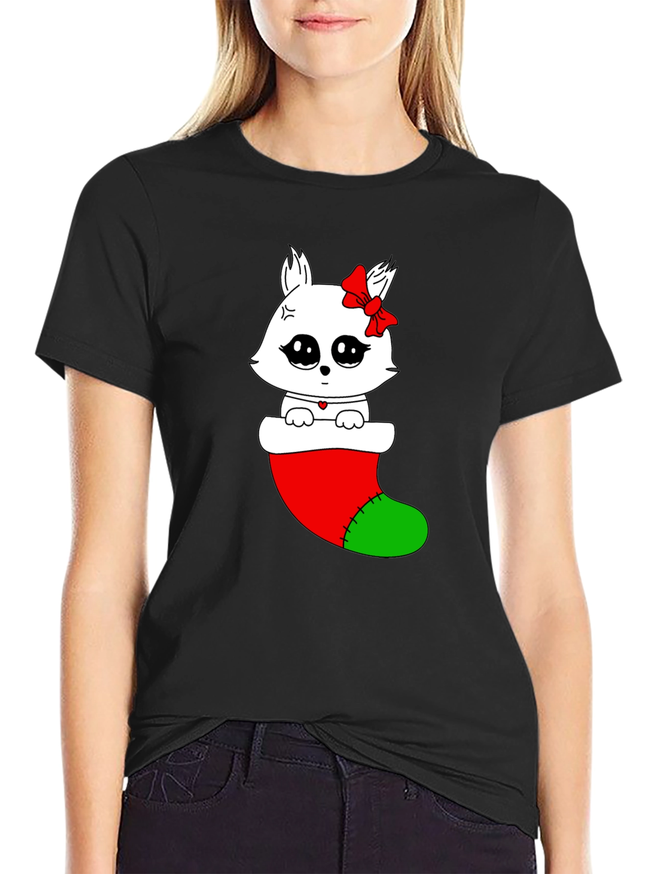 Cute Kawaii Cat in Stocking Holiday T-Shirt