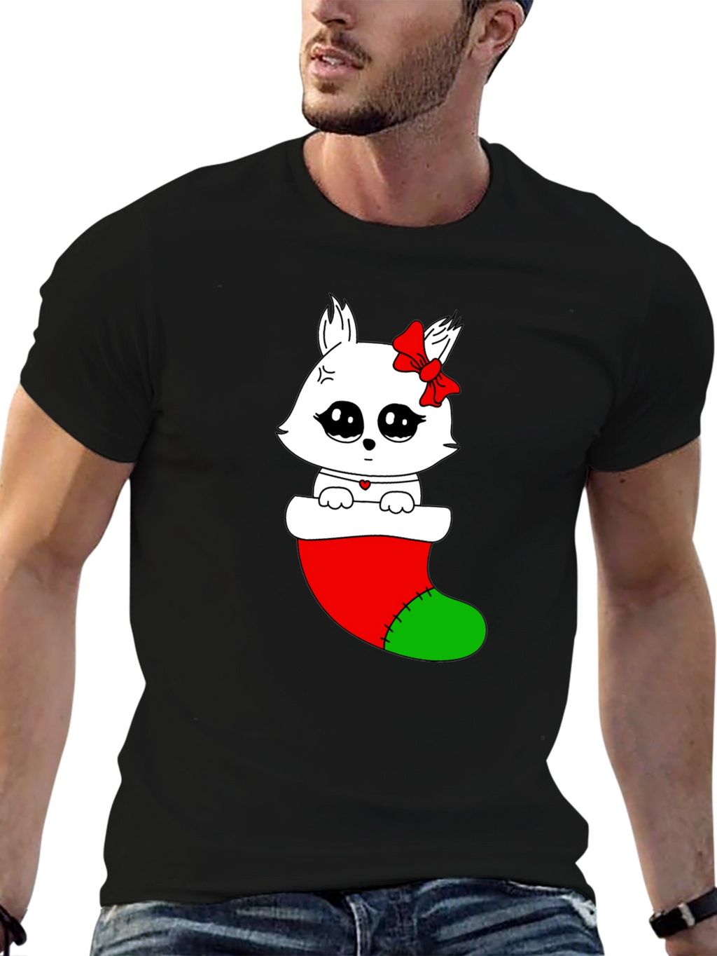 Cute Kawaii Cat in Stocking Holiday T-Shirt