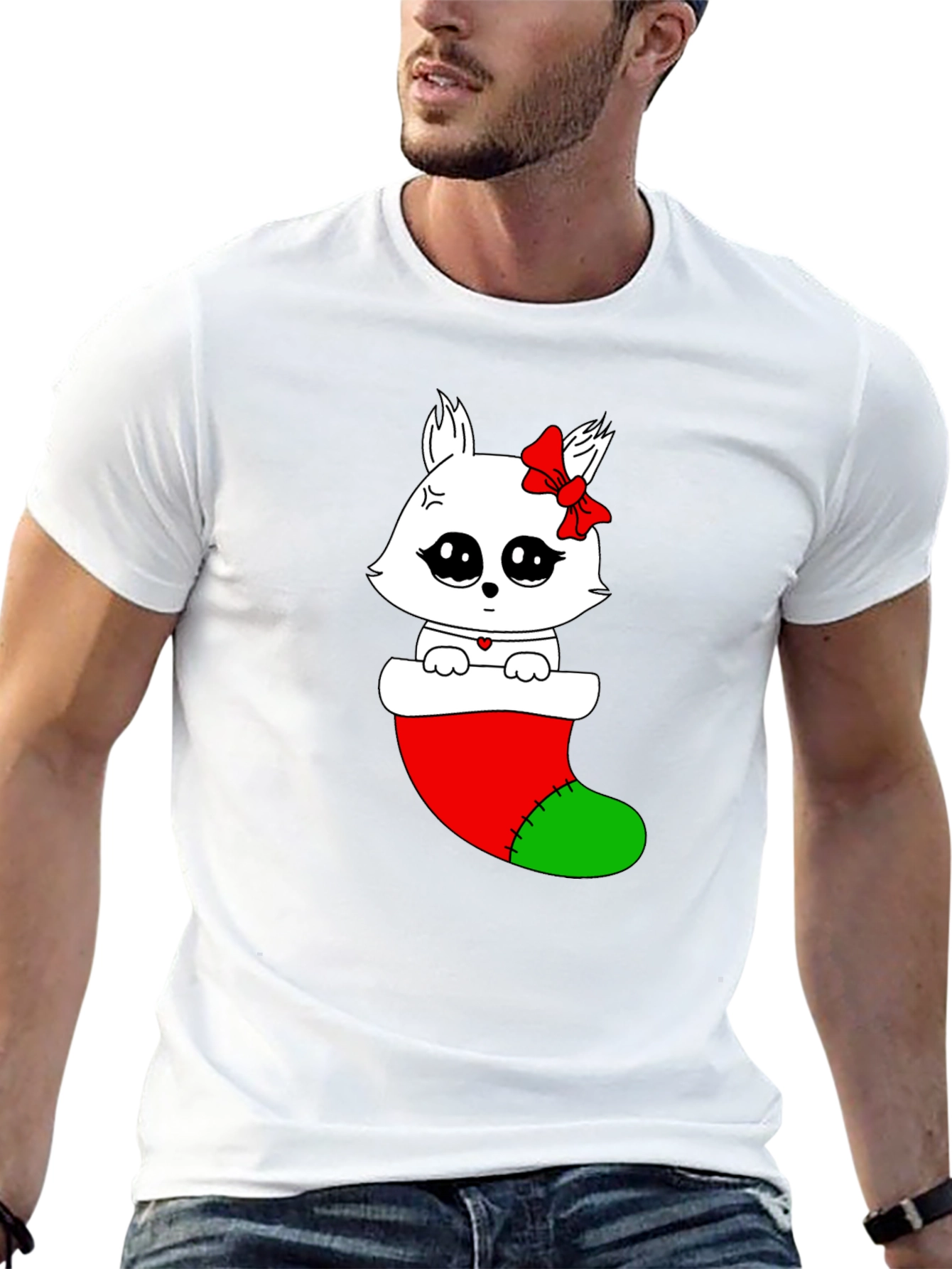 Cute Kawaii Cat in Stocking Holiday T-Shirt