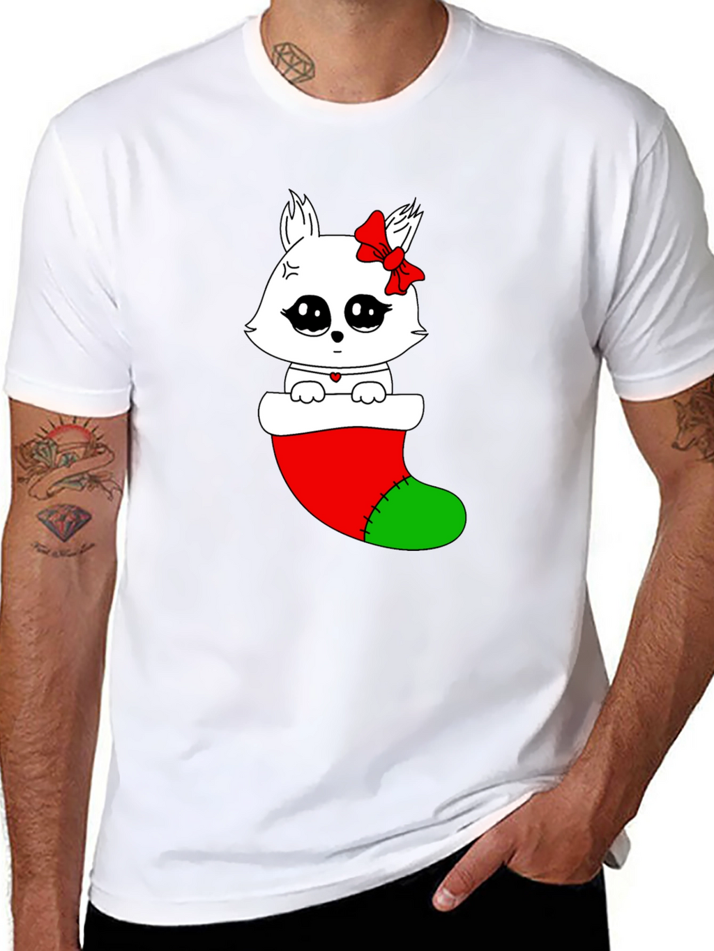 Cute Kawaii Cat in Stocking Holiday T-Shirt