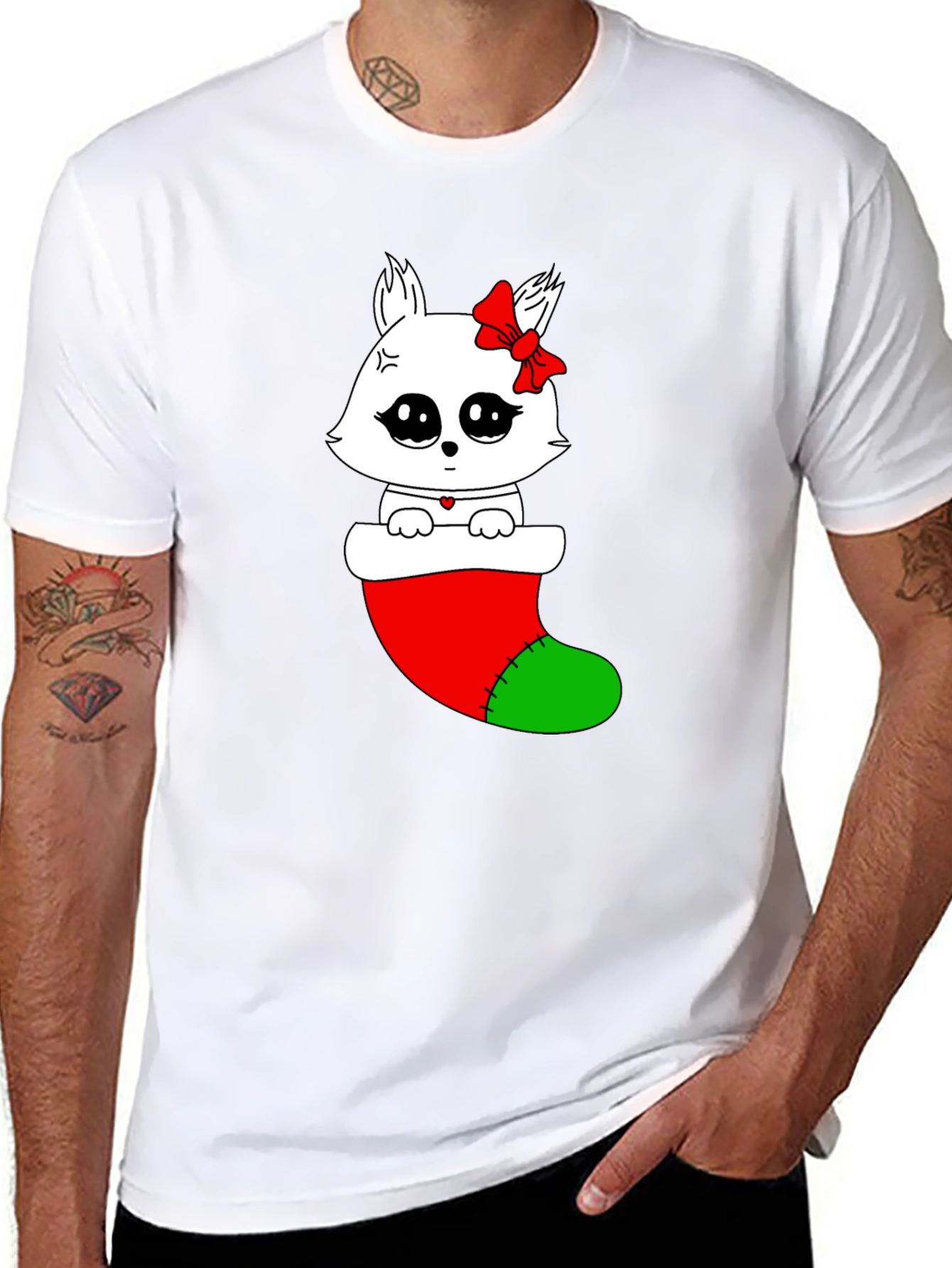 Cute Kawaii Cat in Stocking Holiday T-Shirt