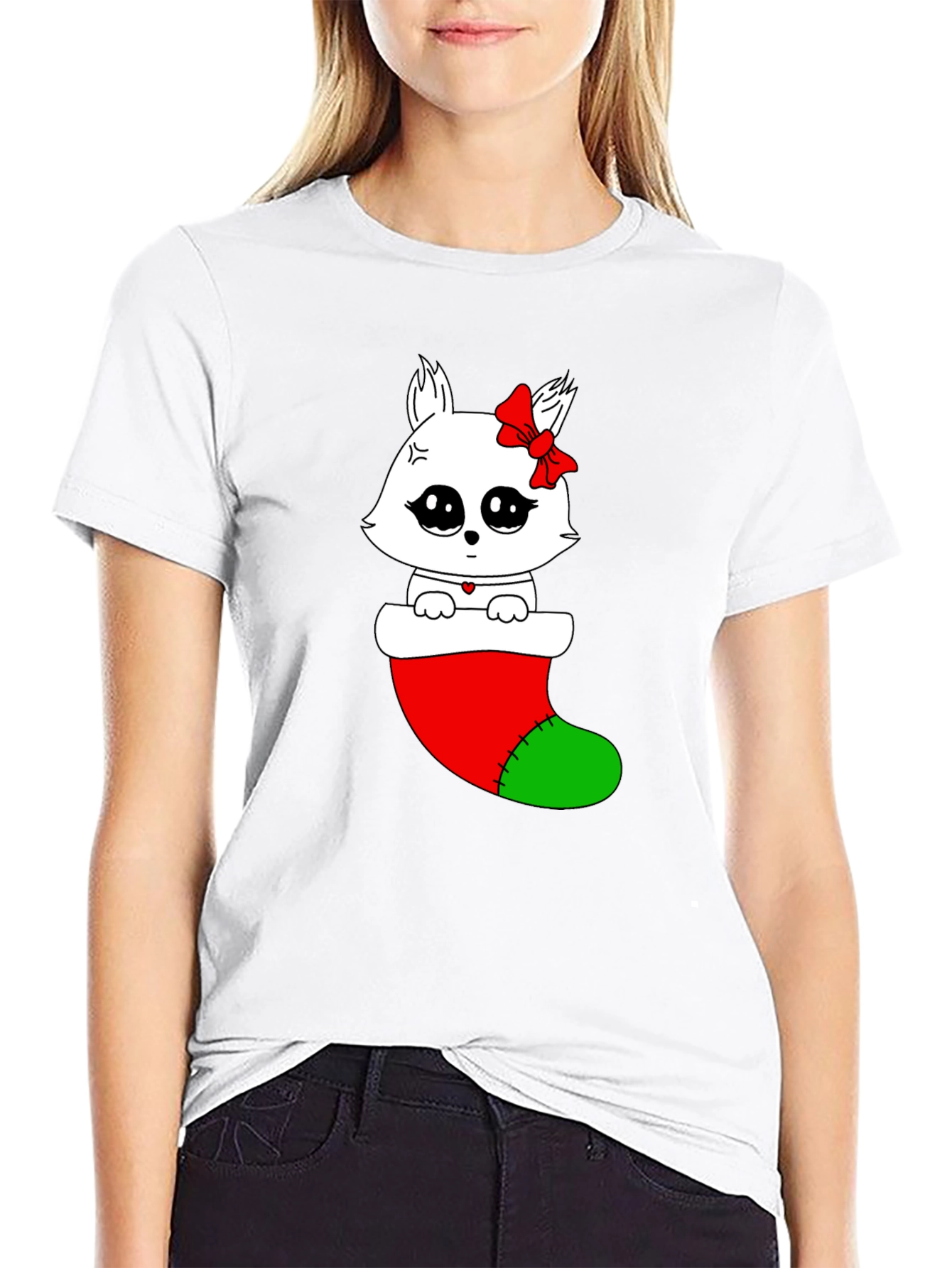 Cute Kawaii Cat in Stocking Holiday T-Shirt