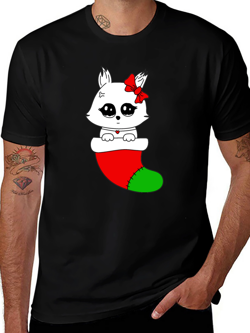 Cute Kawaii Cat in Stocking Holiday T-Shirt