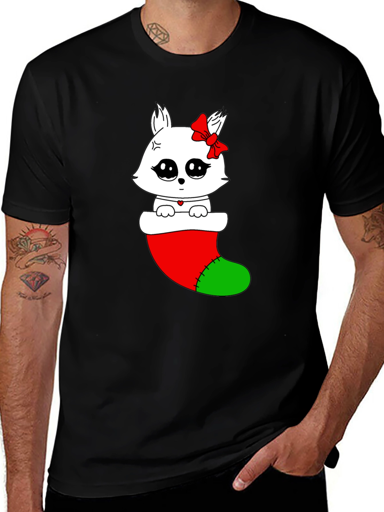 Cute Kawaii Cat in Stocking Holiday T-Shirt
