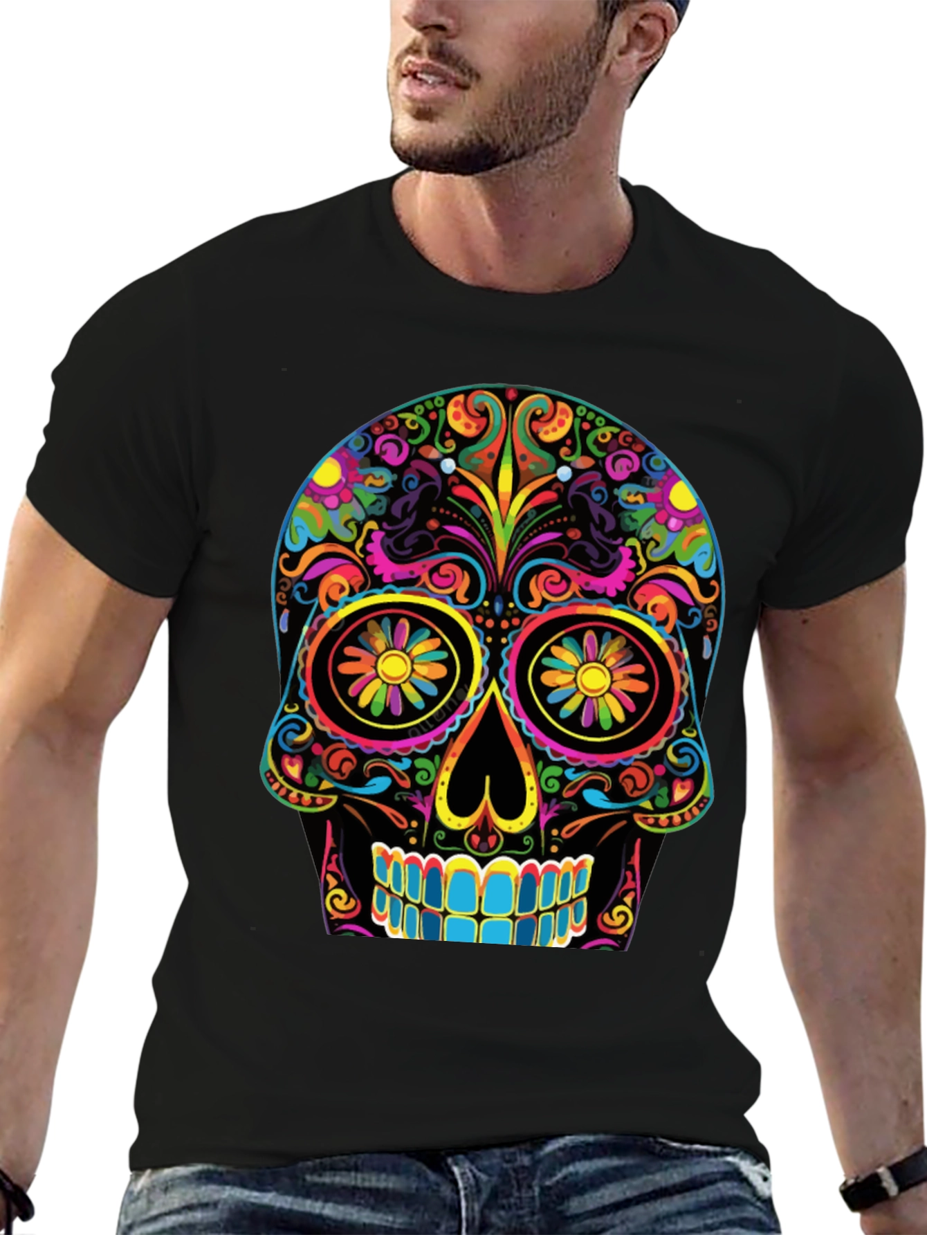 Colorful Sugar Skull Graphic Tee - Dia de los Muertos Shirt