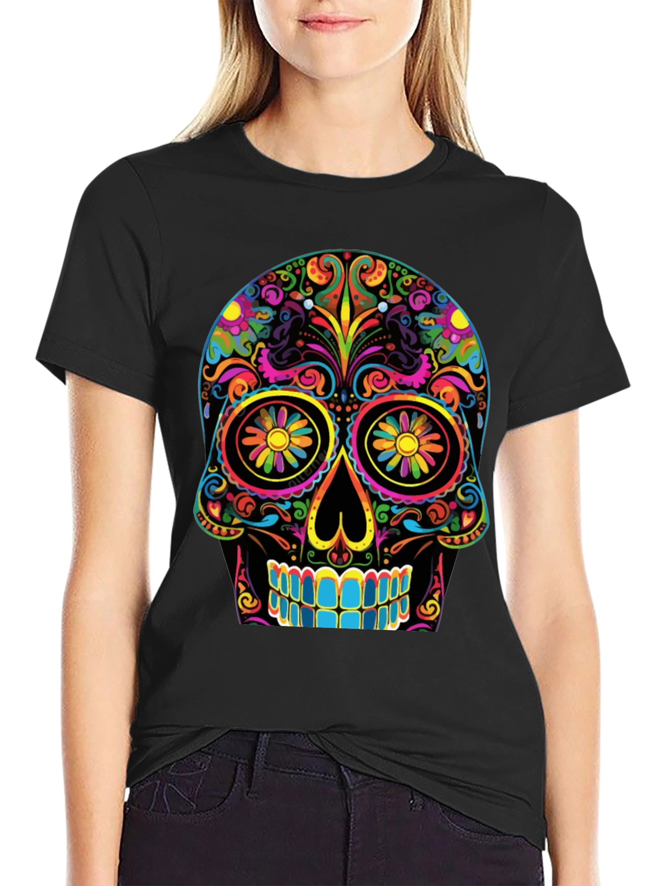 Colorful Sugar Skull Graphic Tee - Dia de los Muertos Shirt