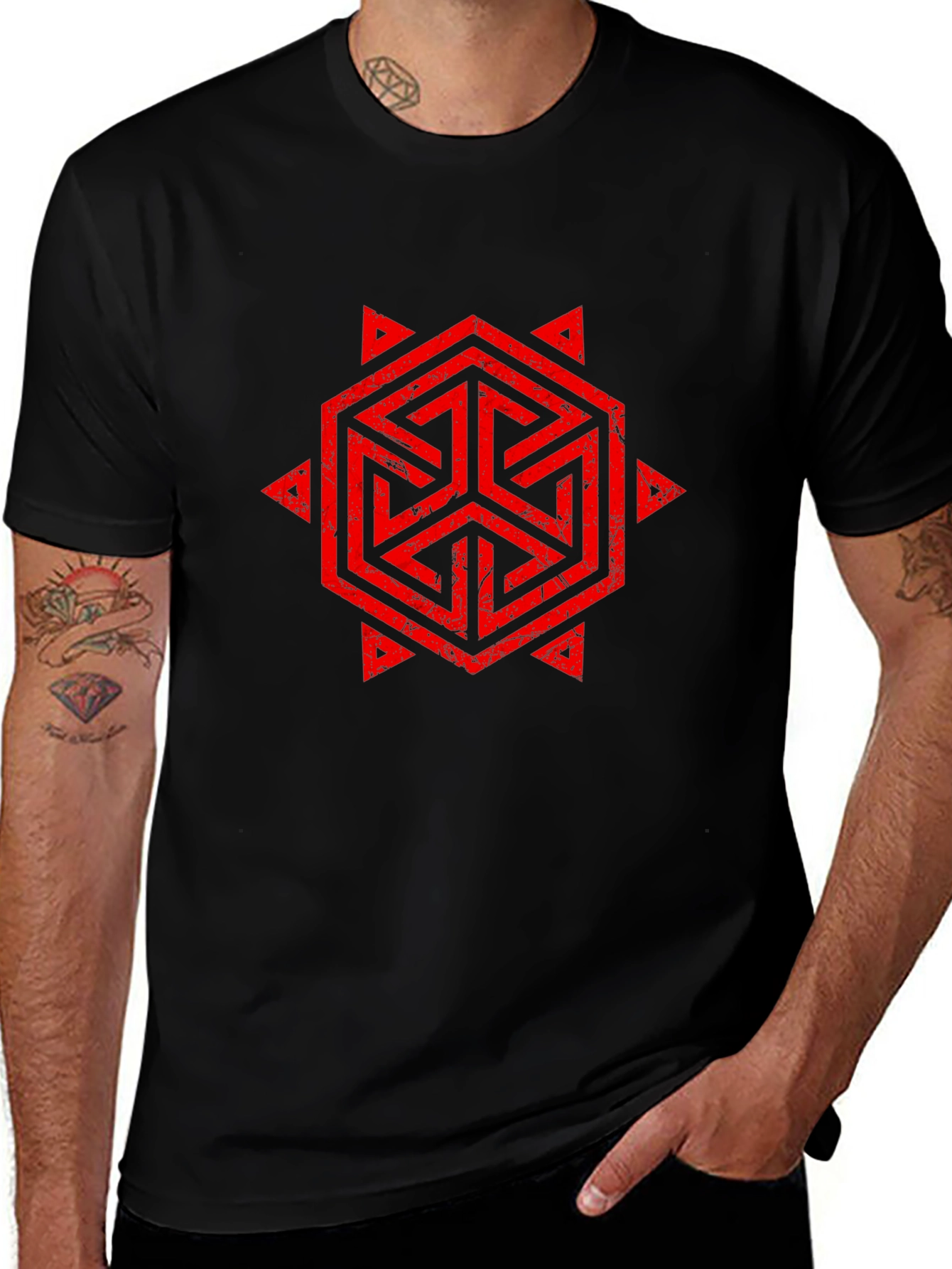 Geometric Symbol Print Black T-Shirt