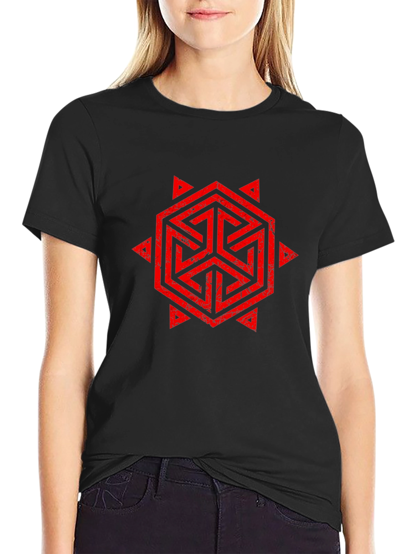 Geometric Symbol Print Black T-Shirt
