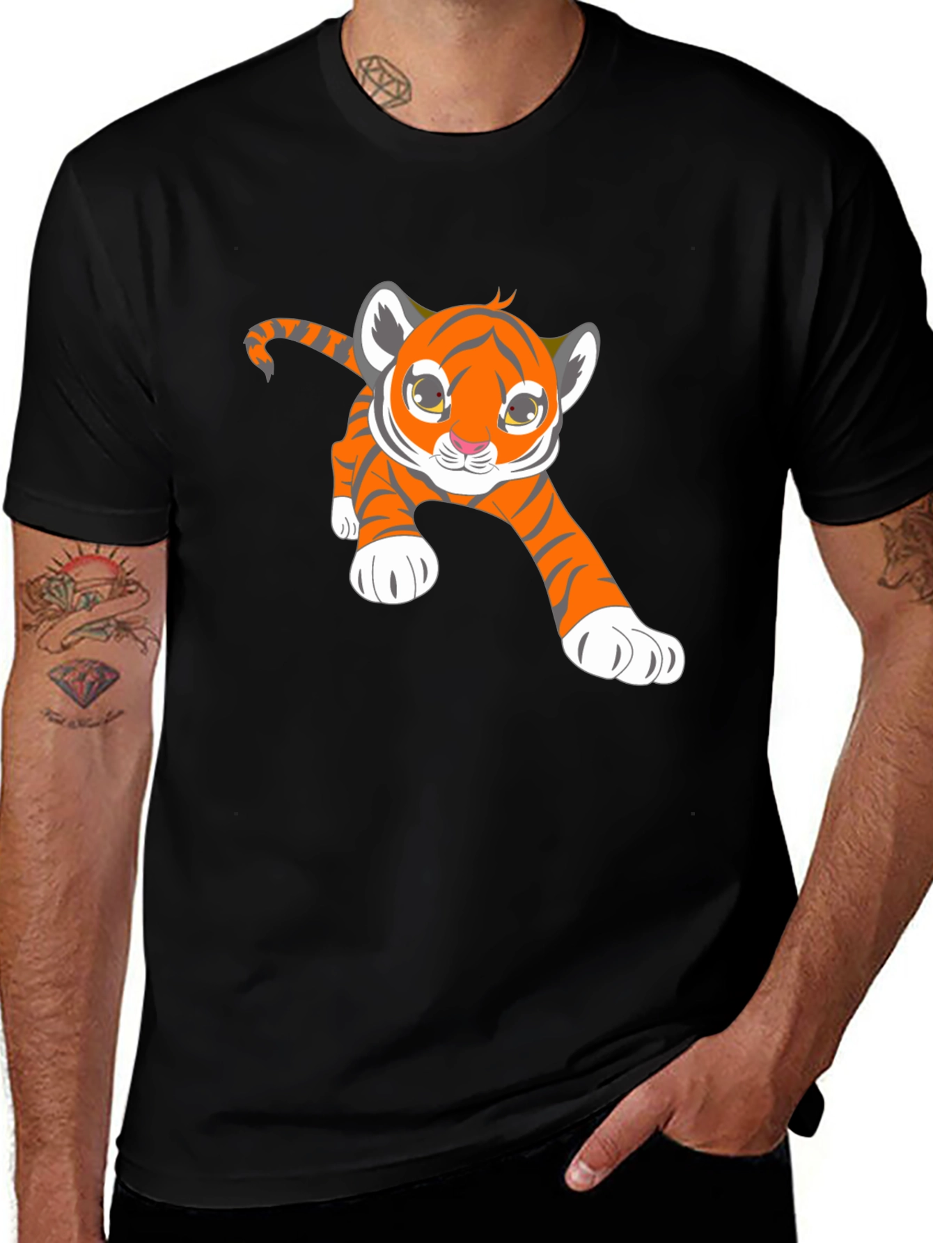 Cute Tiger Cub Graphic Black T-Shirt
