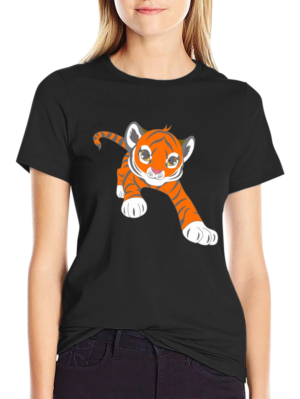 Cute Tiger Cub Graphic Black T-Shirt
