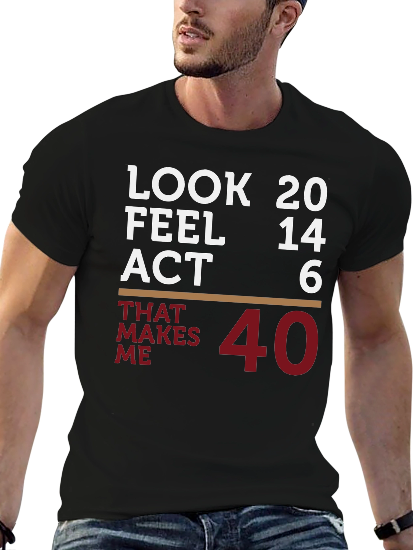 Funny 40th Birthday T-Shirt: Look 20 Feel 14 Act 6