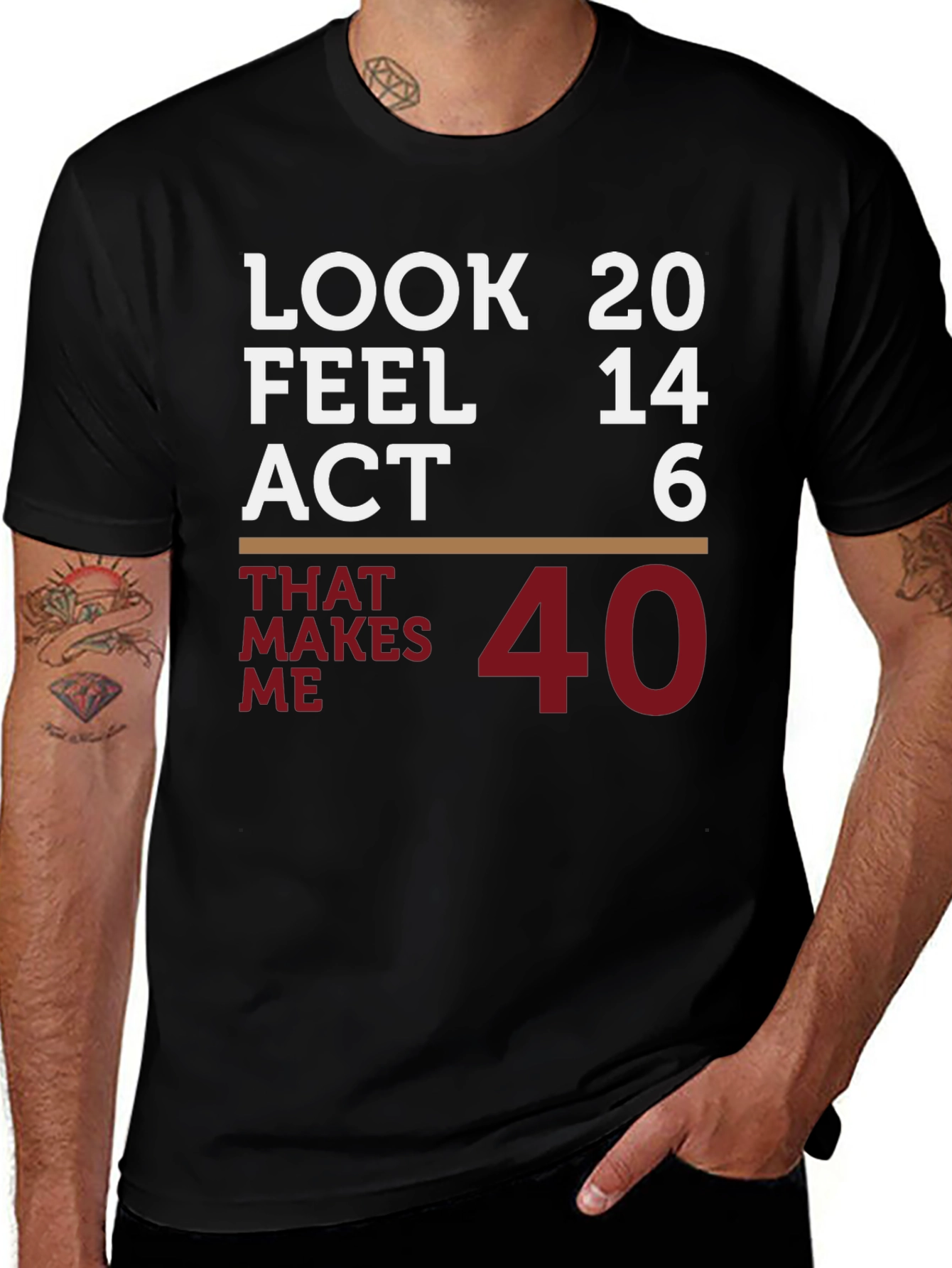 Funny 40th Birthday T-Shirt: Look 20 Feel 14 Act 6
