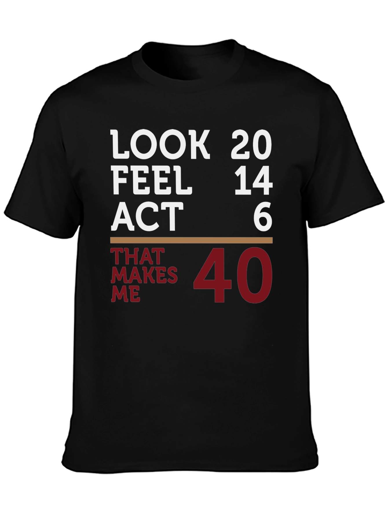 Funny 40th Birthday T-Shirt: Look 20 Feel 14 Act 6