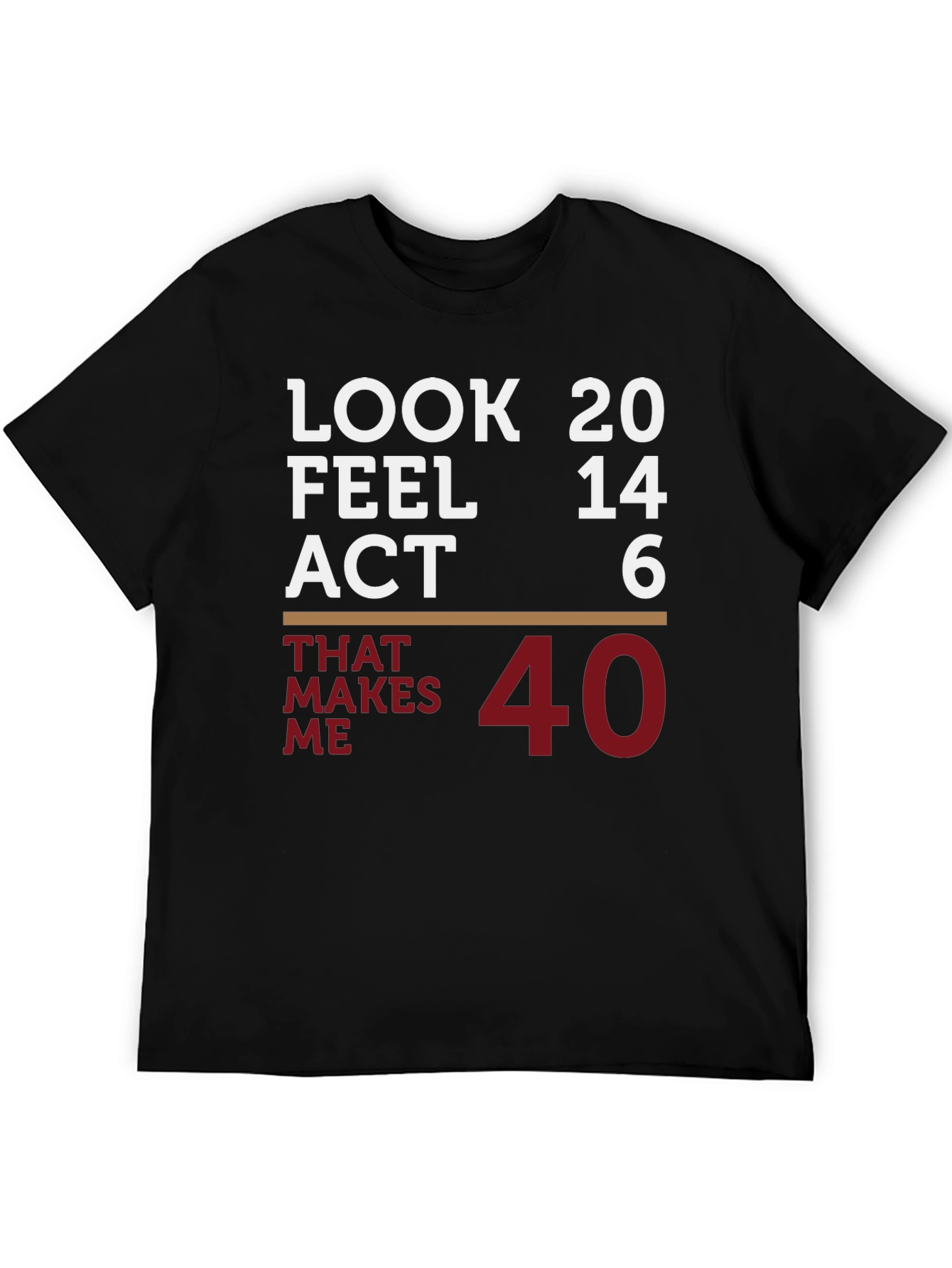 Funny 40th Birthday T-Shirt: Look 20 Feel 14 Act 6