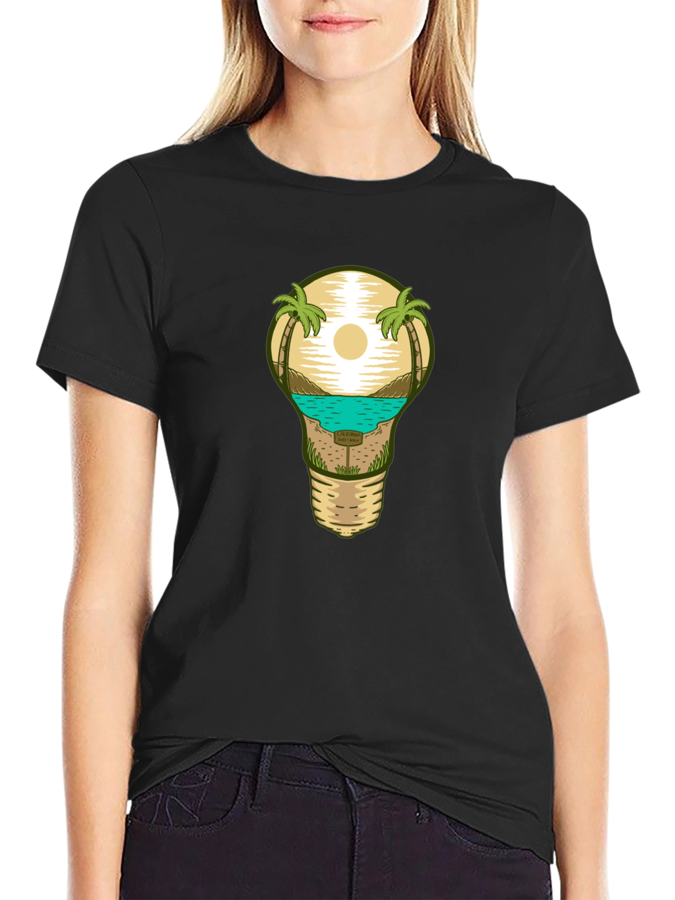 Beach Scene Lightbulb Graphic Tee - Black