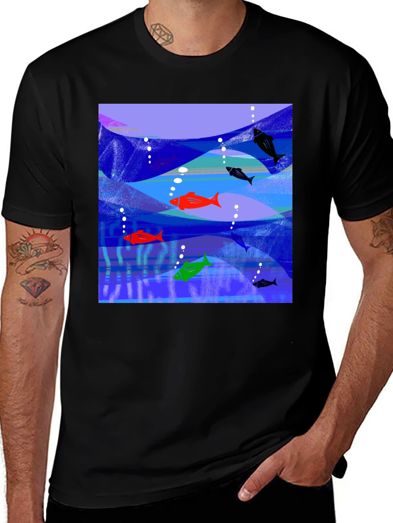 Aquatic Fish Graphic Tee - Mens Black T-Shirt