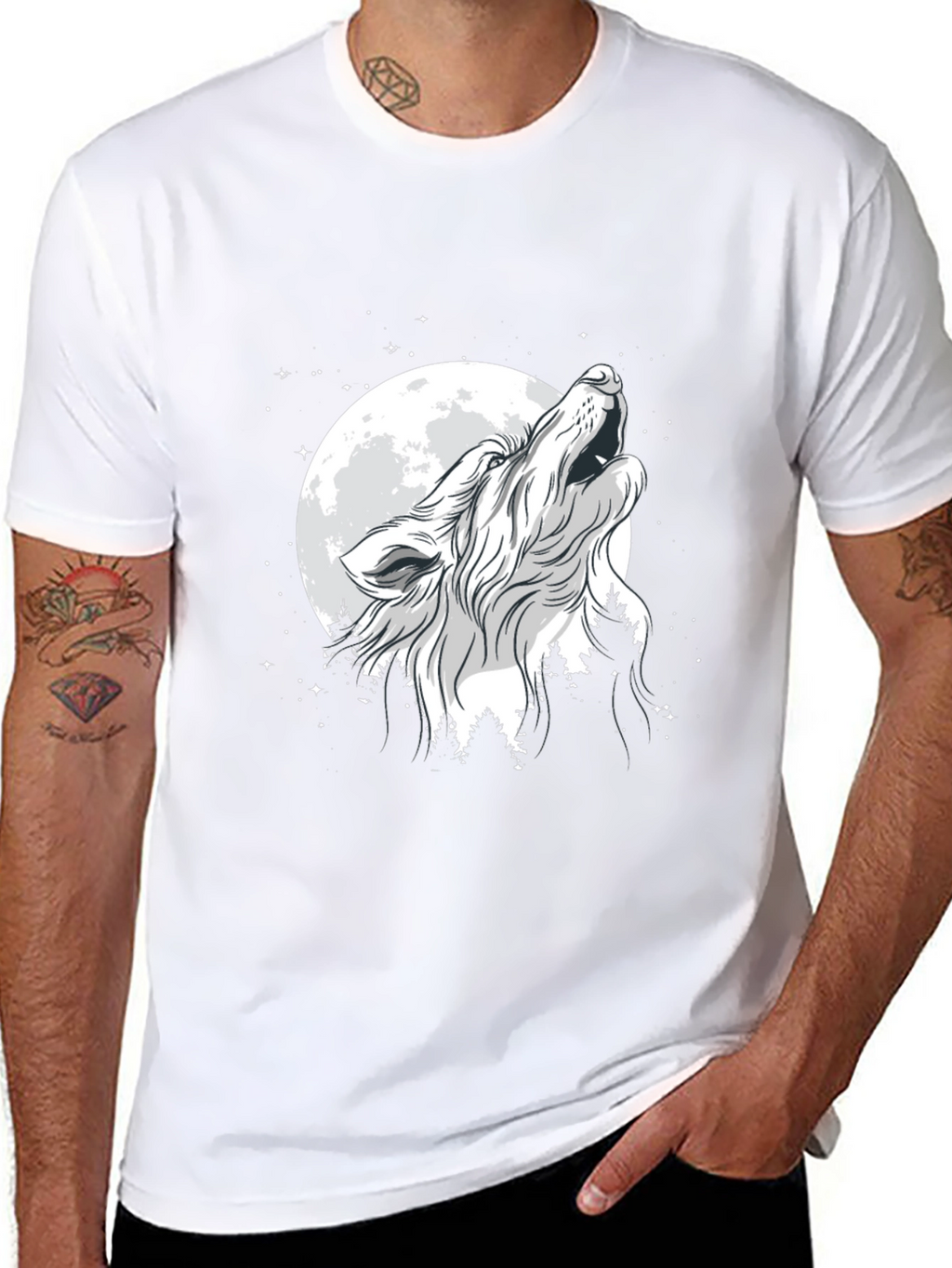Wolf Howling at Moon Black T-Shirt