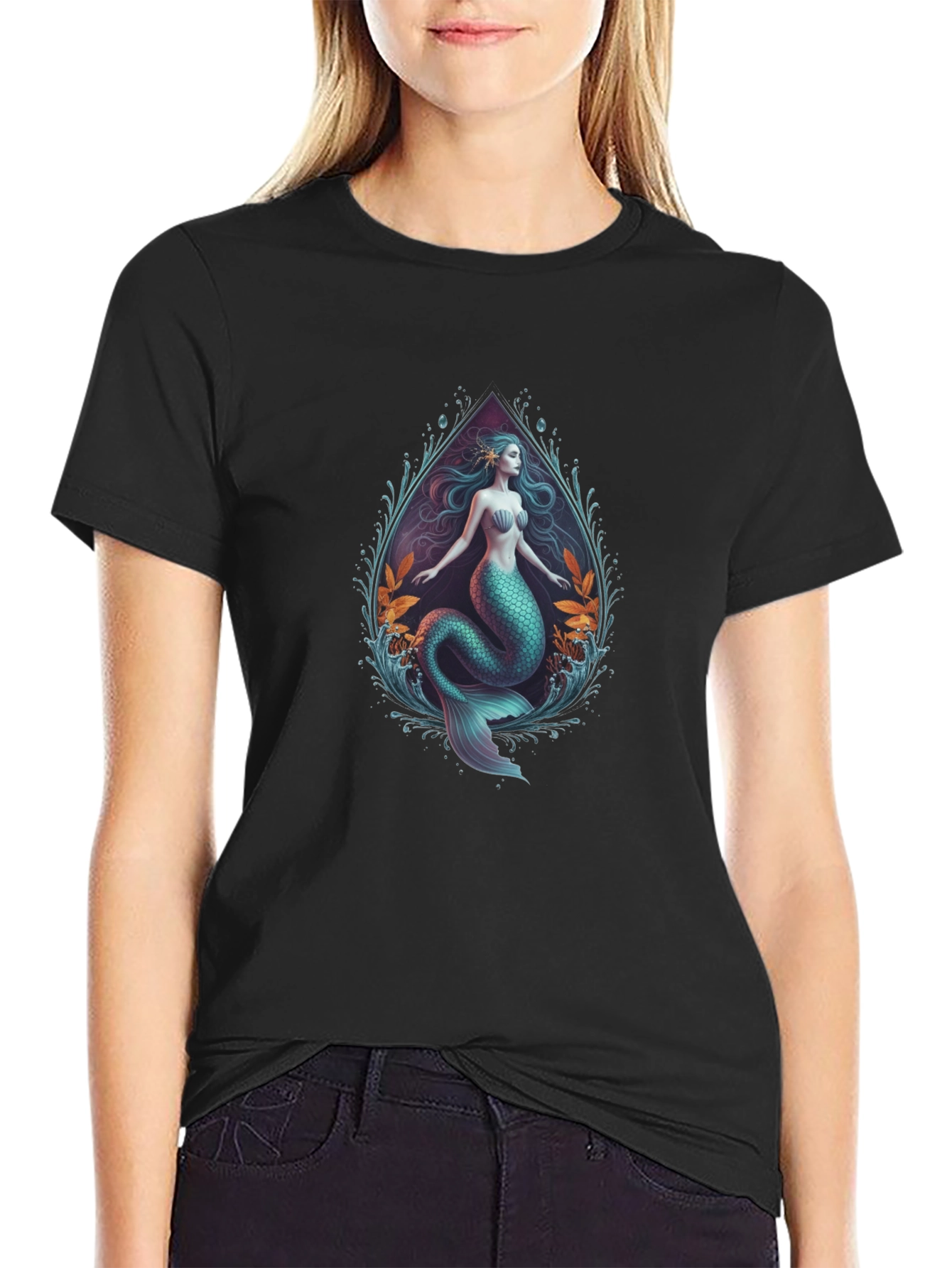 Mermaid Graphic Tee - Black Cotton Blend