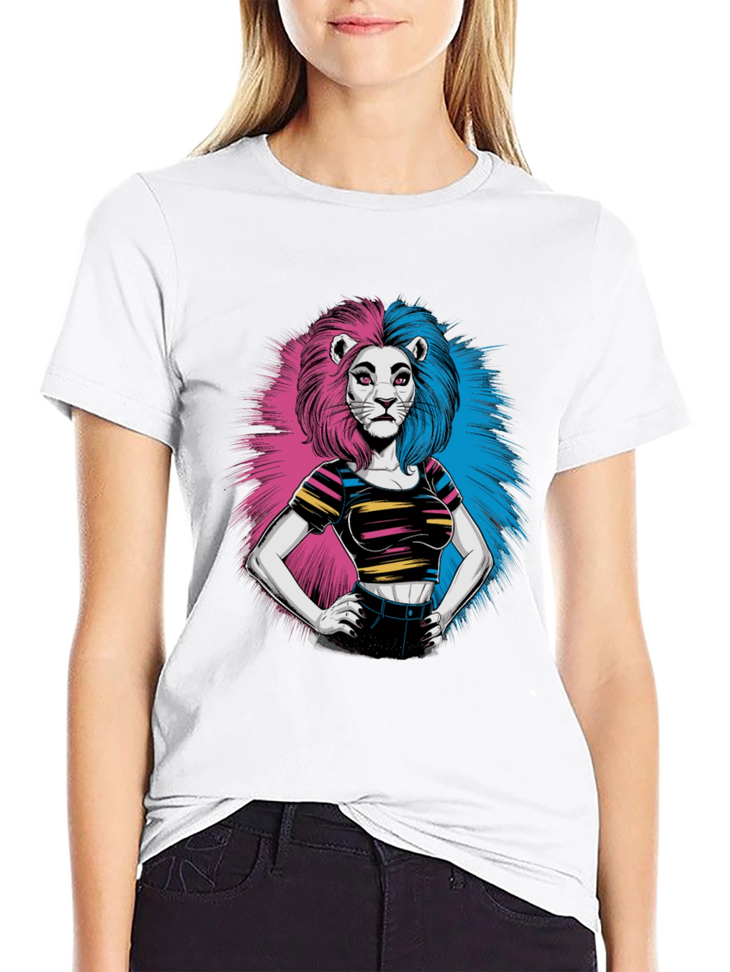 Lion Woman Graphic Print Black T-Shirt