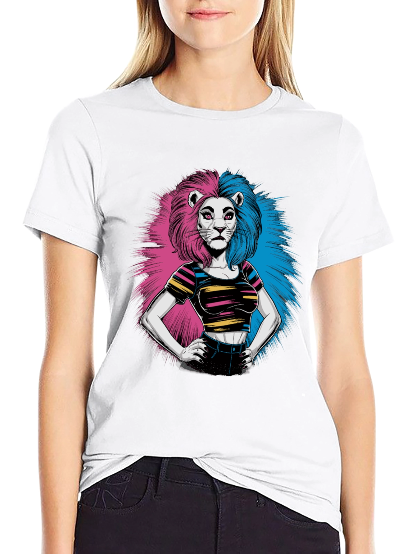 Lion Woman Graphic Print Black T-Shirt
