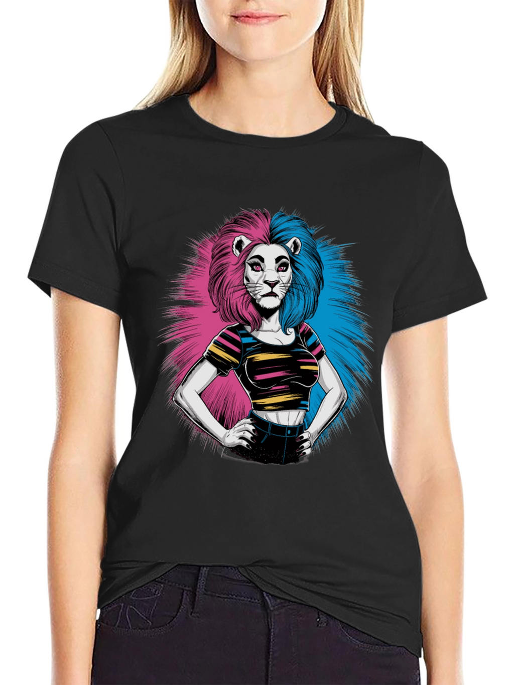 Lion Woman Graphic Print Black T-Shirt