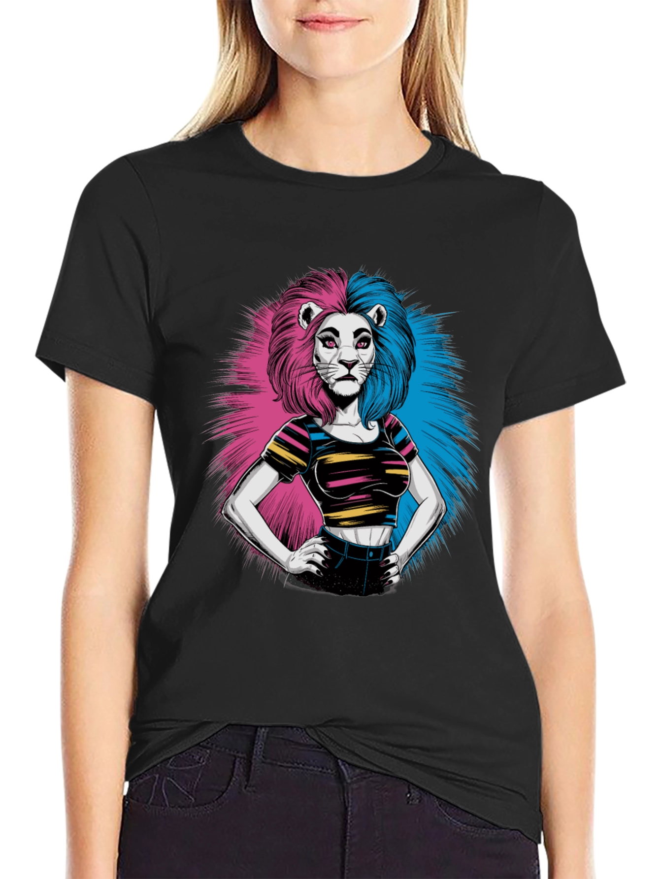 Lion Woman Graphic Print Black T-Shirt