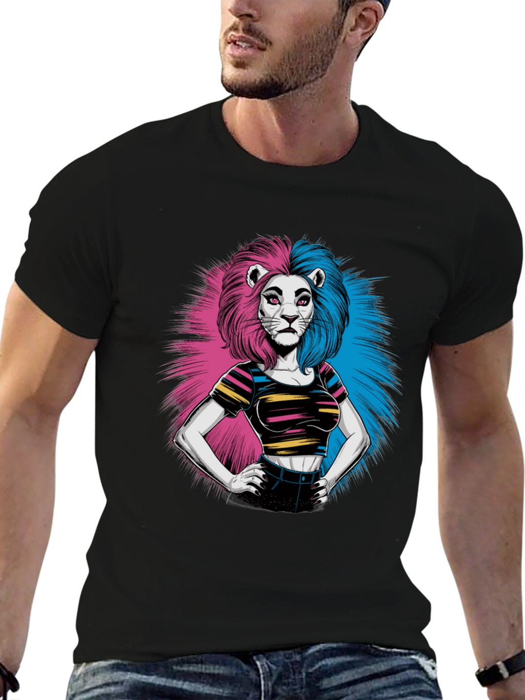 Lion Woman Graphic Print Black T-Shirt