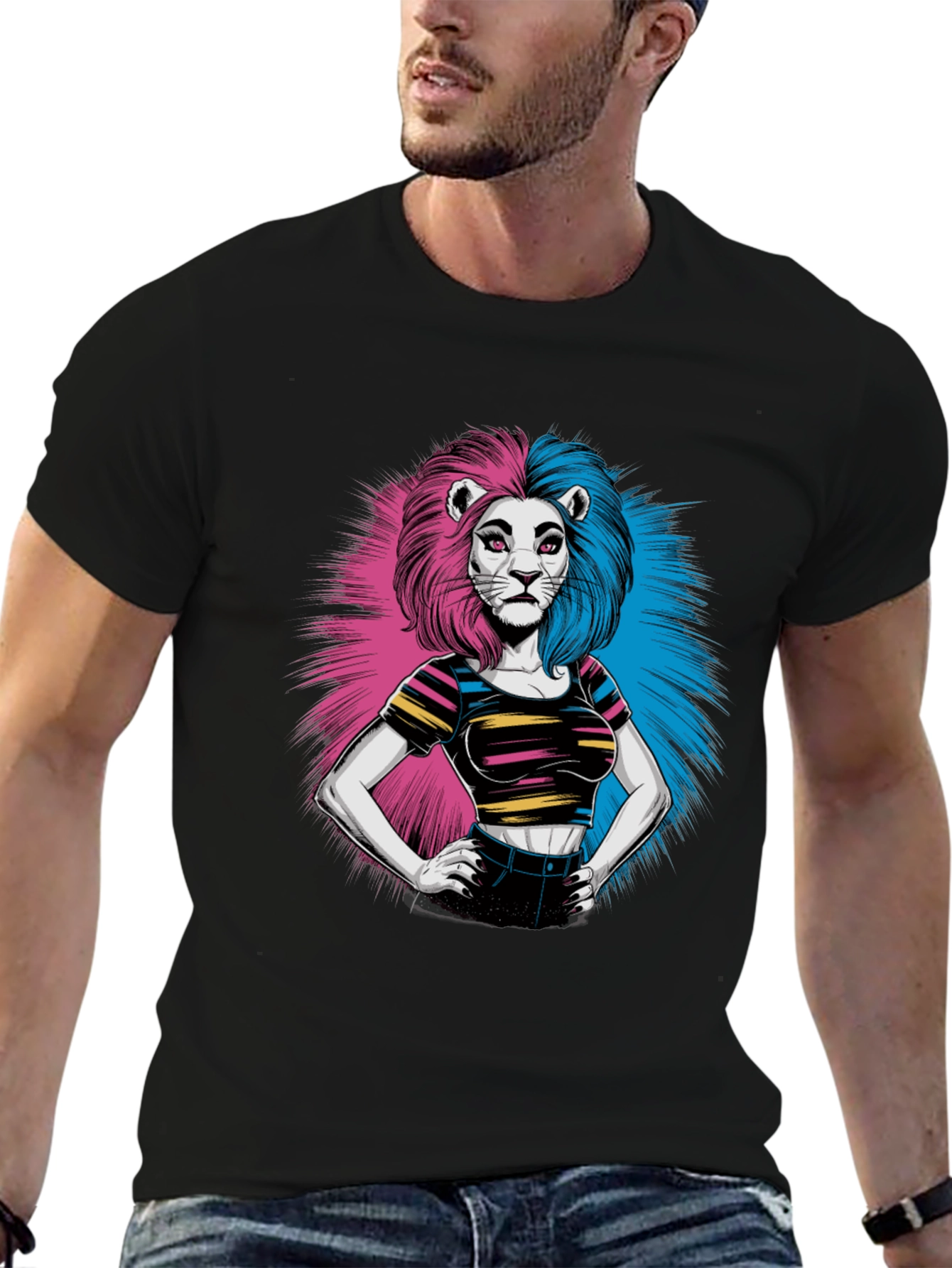 Lion Woman Graphic Print Black T-Shirt