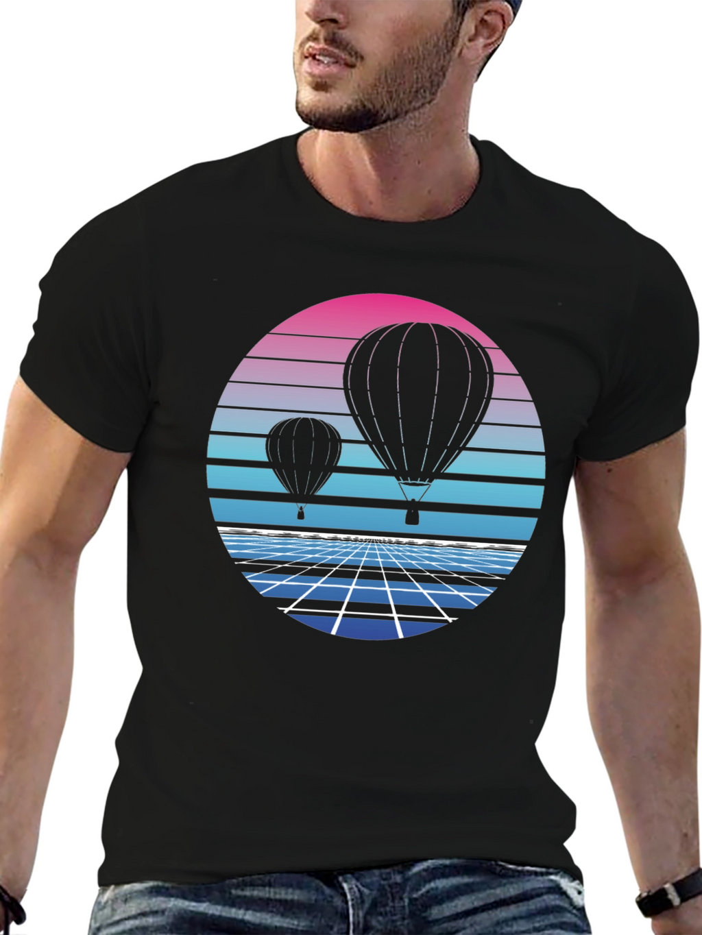 Retro Hot Air Balloon Graphic Tee - Black