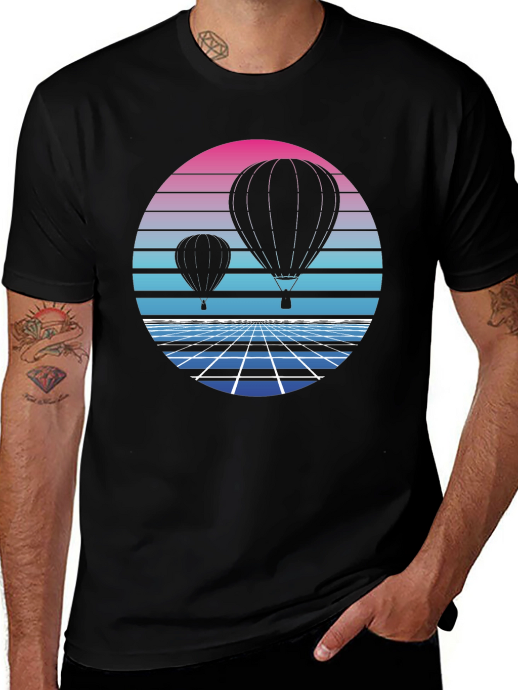 Retro Hot Air Balloon Graphic Tee - Black