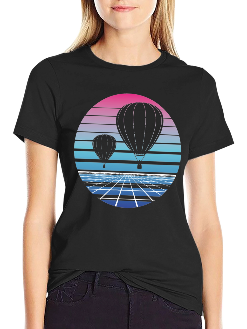 Retro Hot Air Balloon Graphic Tee - Black