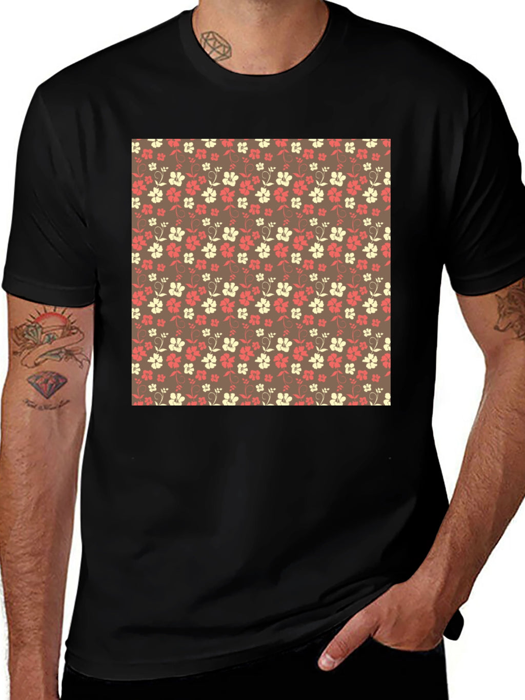 Floral Pattern Black Crewneck T-Shirt