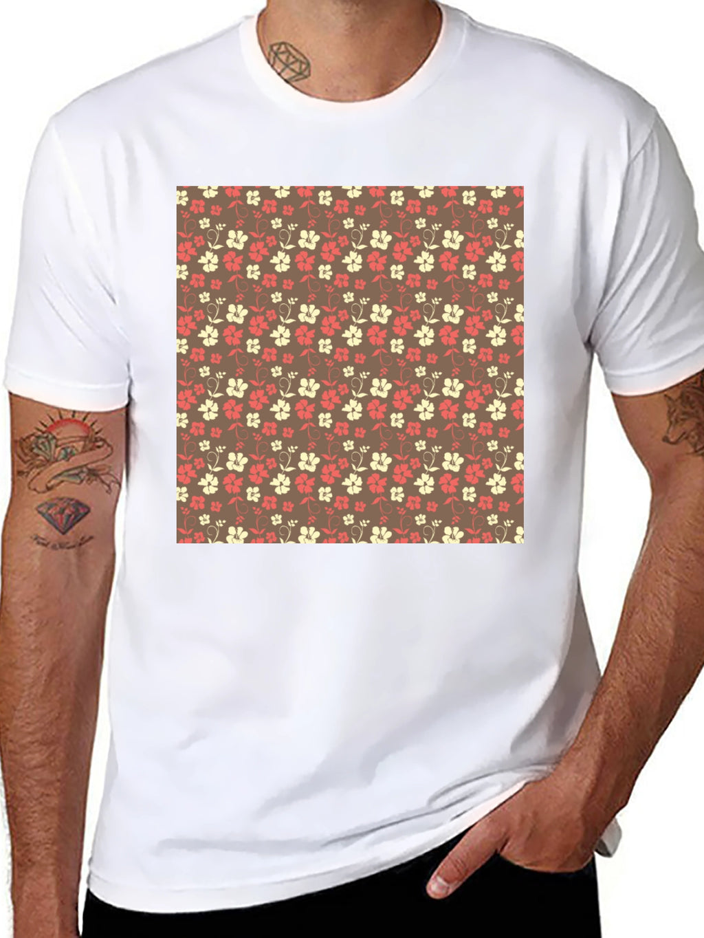 Floral Pattern Black Crewneck T-Shirt