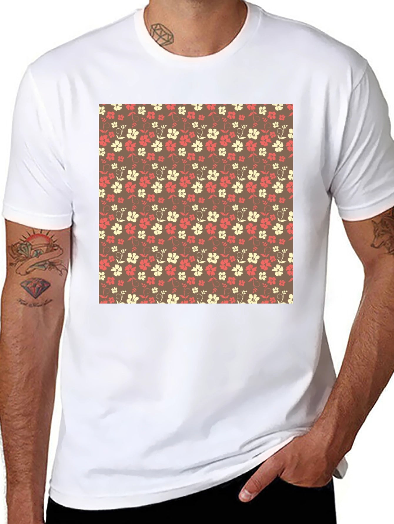 Floral Pattern Black Crewneck T-Shirt