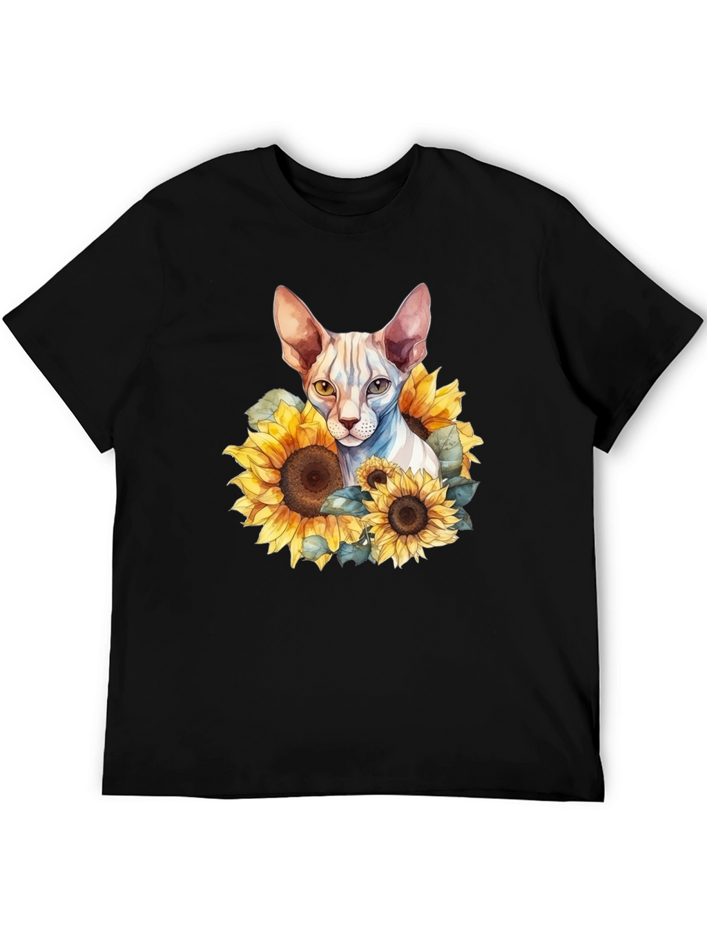 Sphynx Cat Sunflower Graphic Black T-Shirt