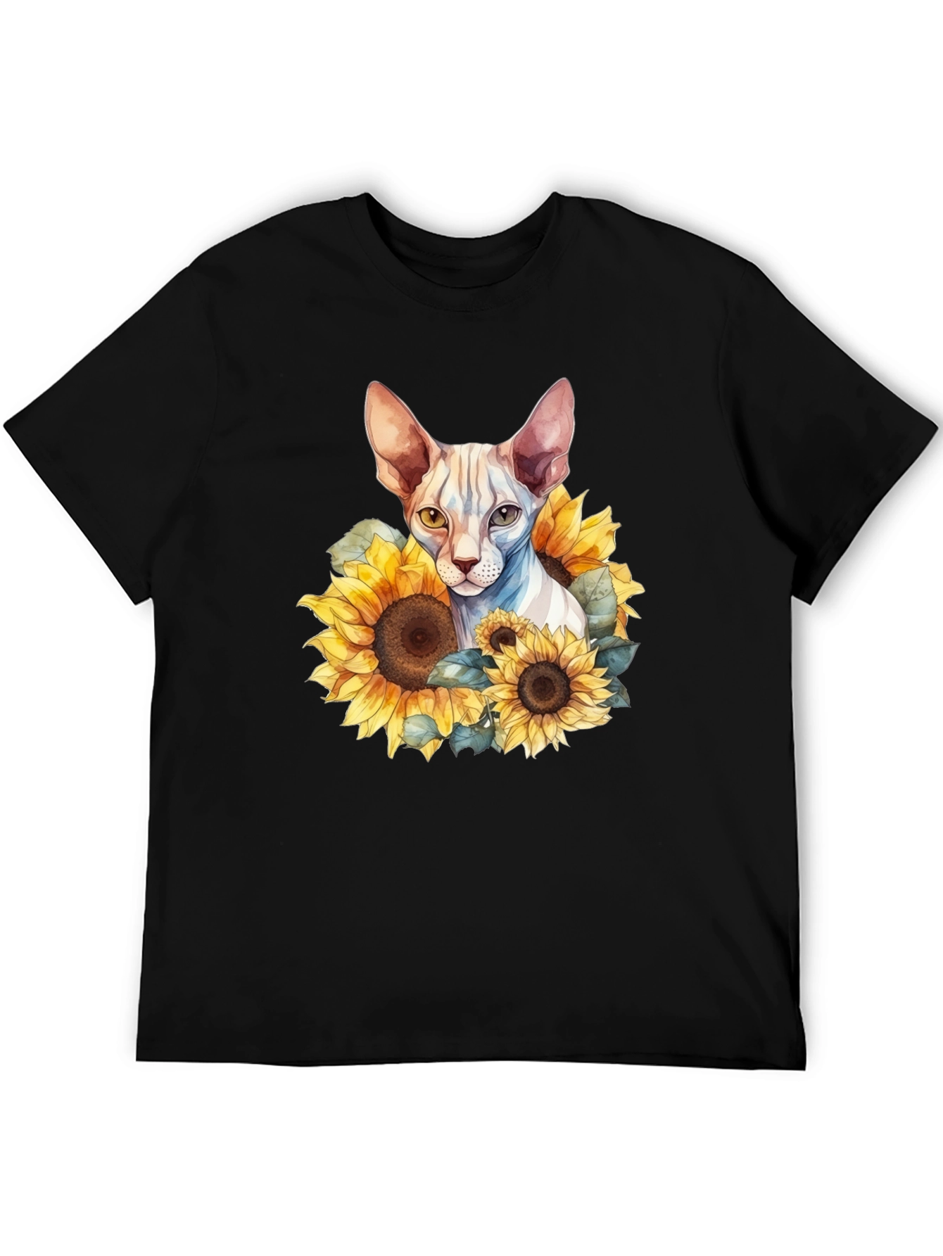 Sphynx Cat Sunflower Graphic Black T-Shirt
