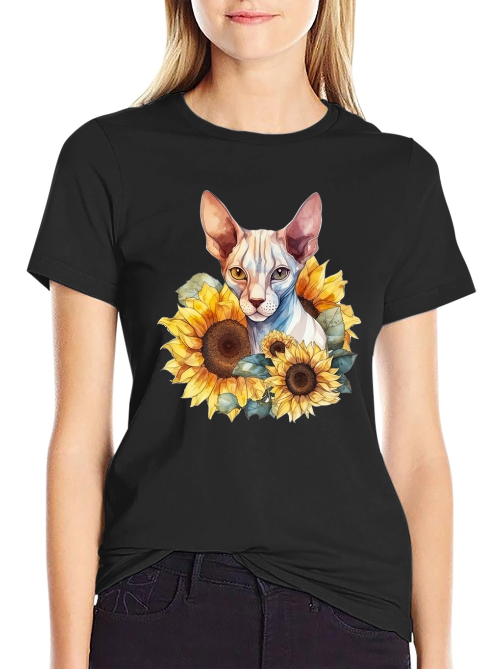 Sphynx Cat Sunflower Graphic Black T-Shirt