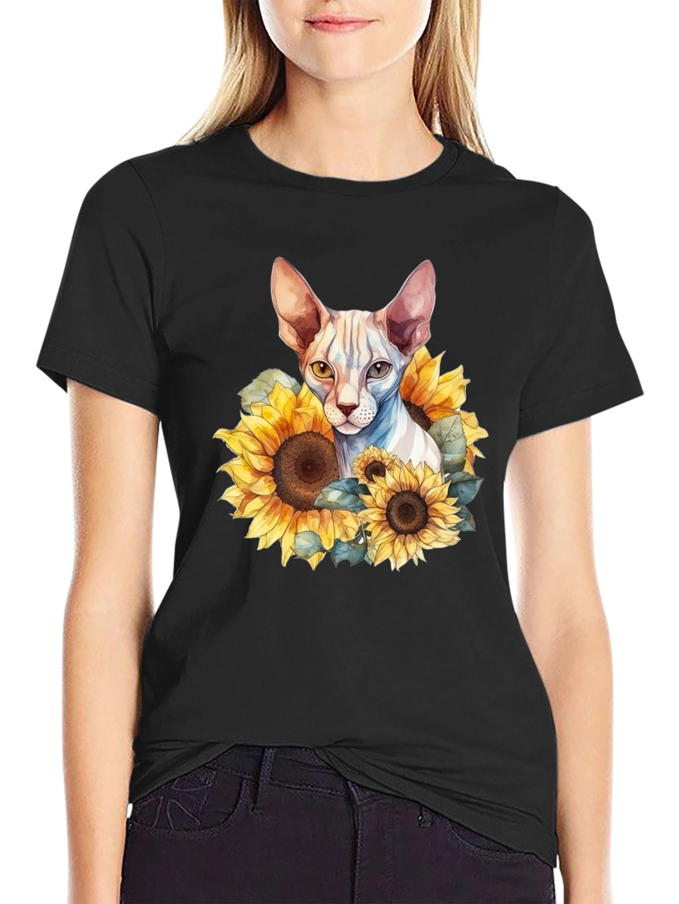 Sphynx Cat Sunflower Graphic Black T-Shirt
