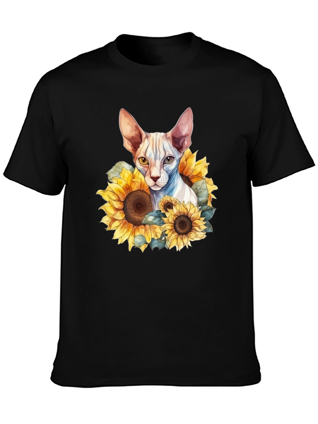 Sphynx Cat Sunflower Graphic Black T-Shirt