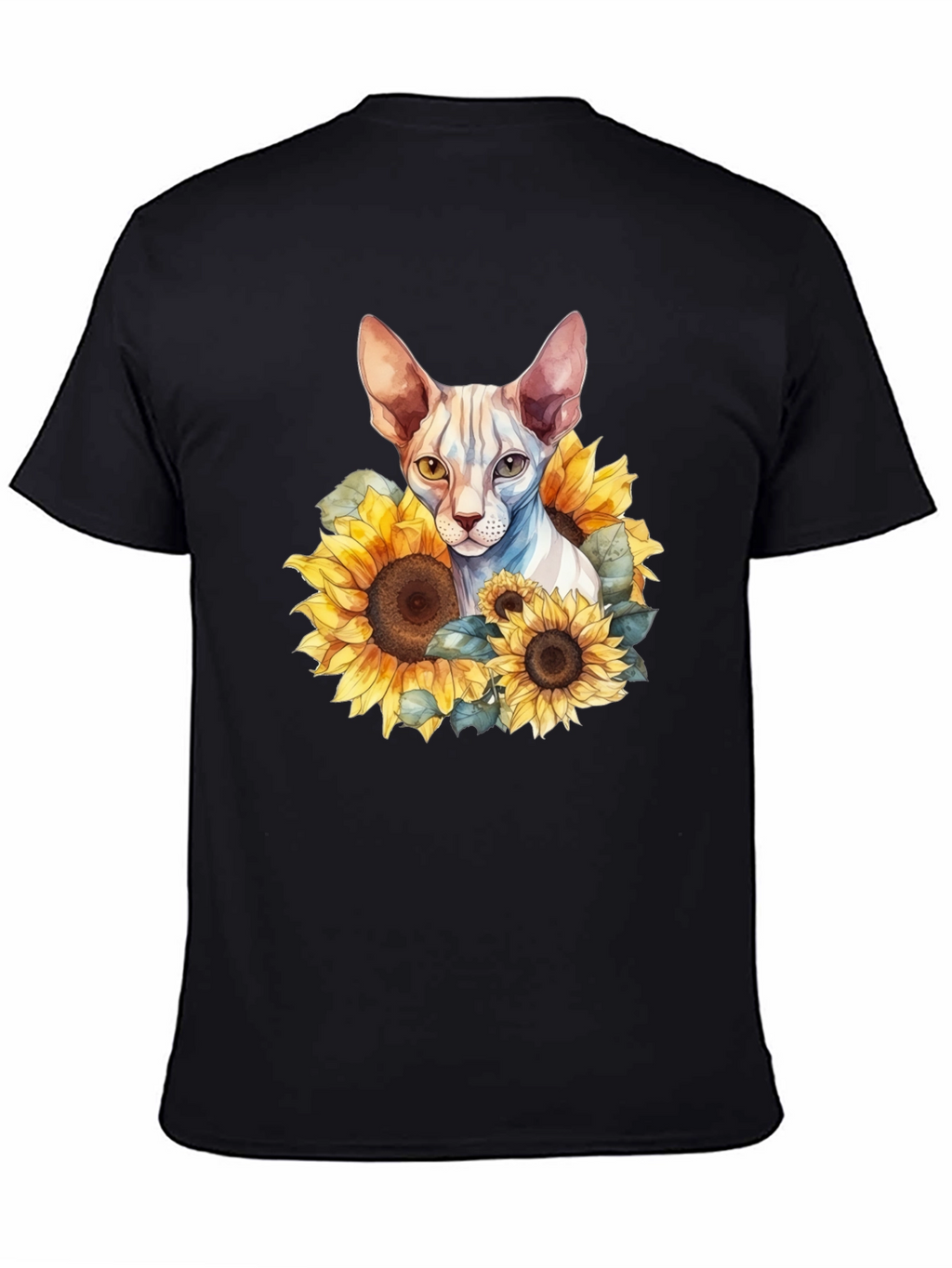 Sphynx Cat Sunflower Graphic Black T-Shirt