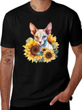 Sphynx Cat Sunflower Graphic Black T-Shirt