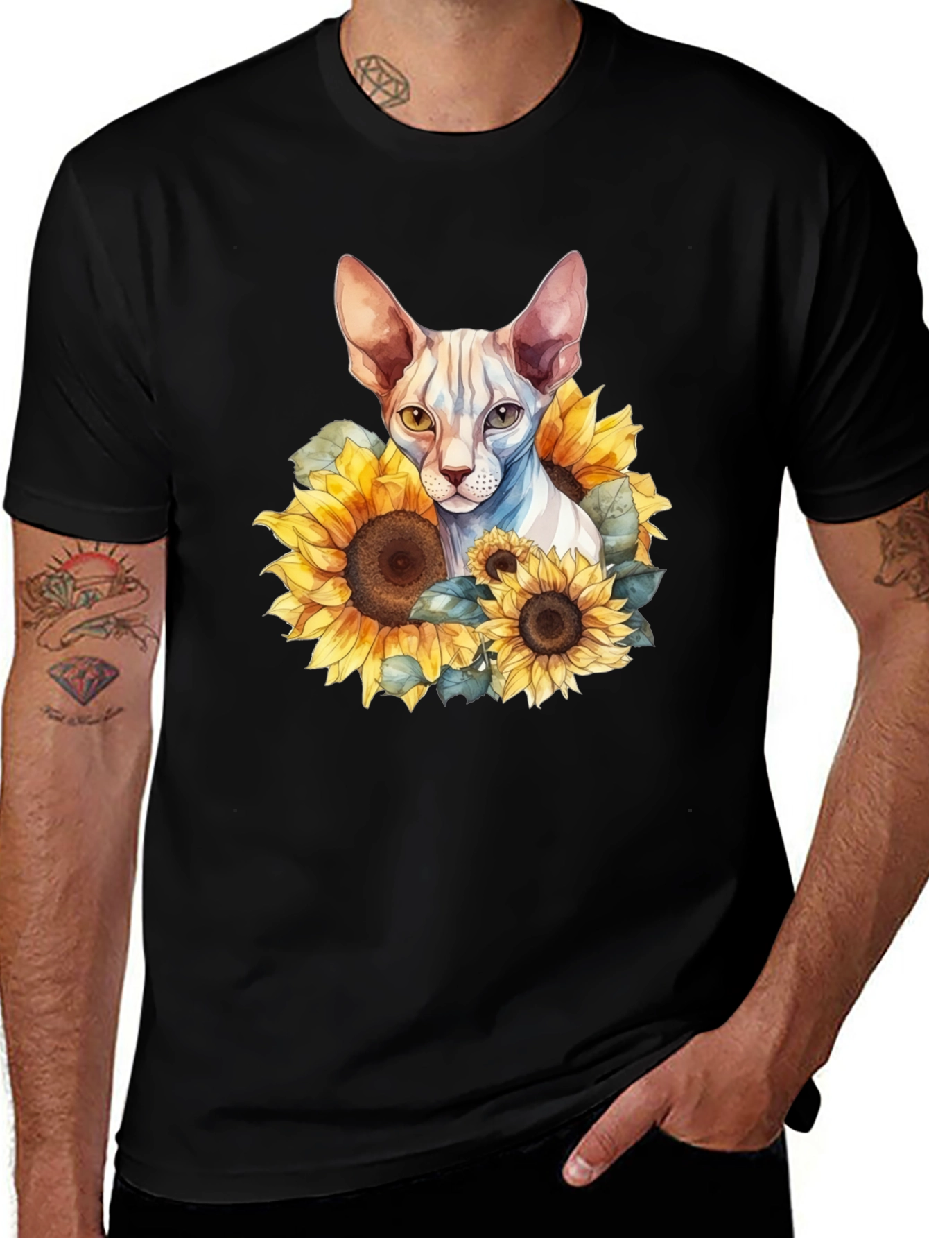 Sphynx Cat Sunflower Graphic Black T-Shirt