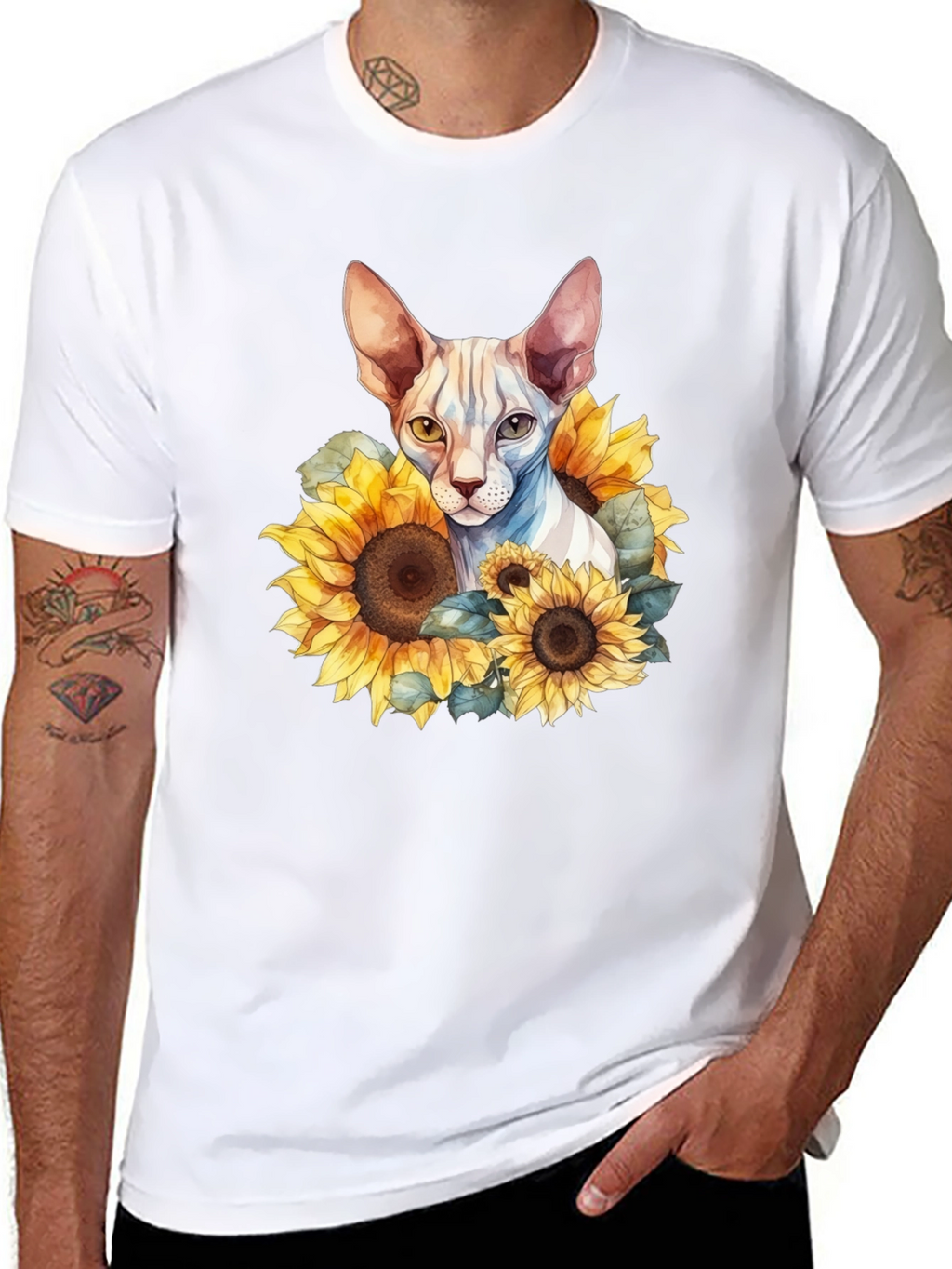 Sphynx Cat Sunflower Graphic Black T-Shirt